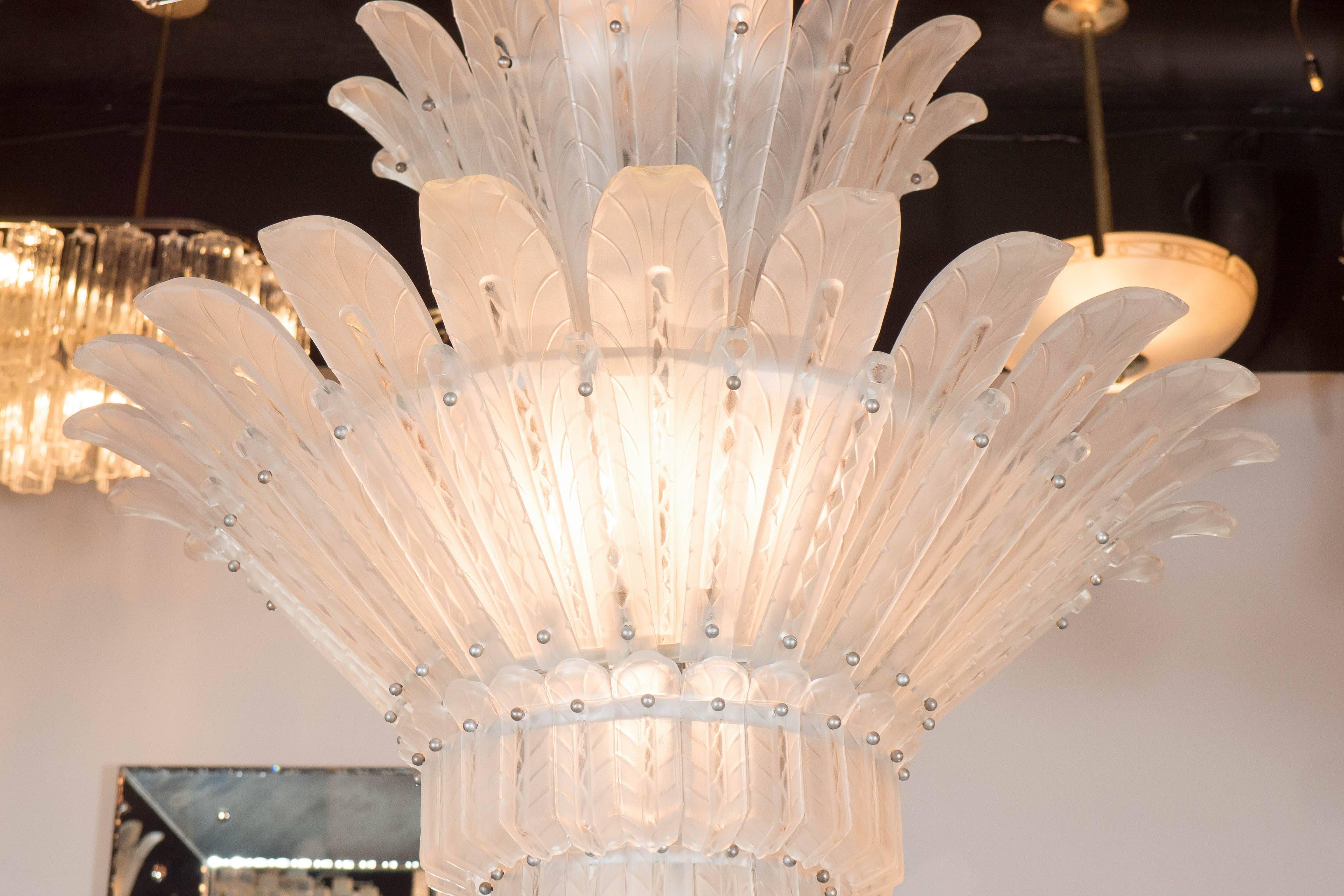 French Art Deco Sabino Frosted and Clear Plume Chandelier
