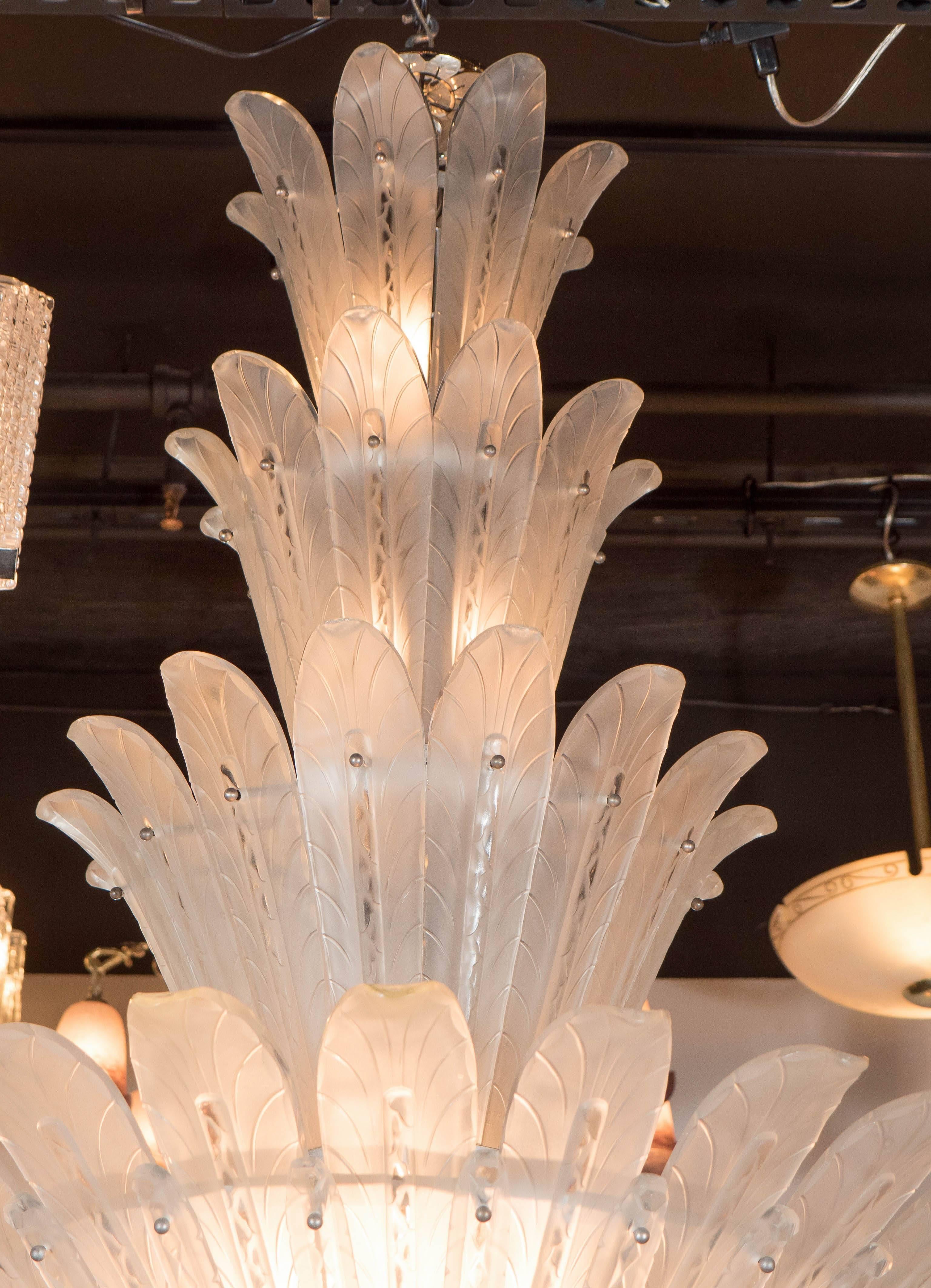 Etched Art Deco Sabino Frosted and Clear Plume Chandelier