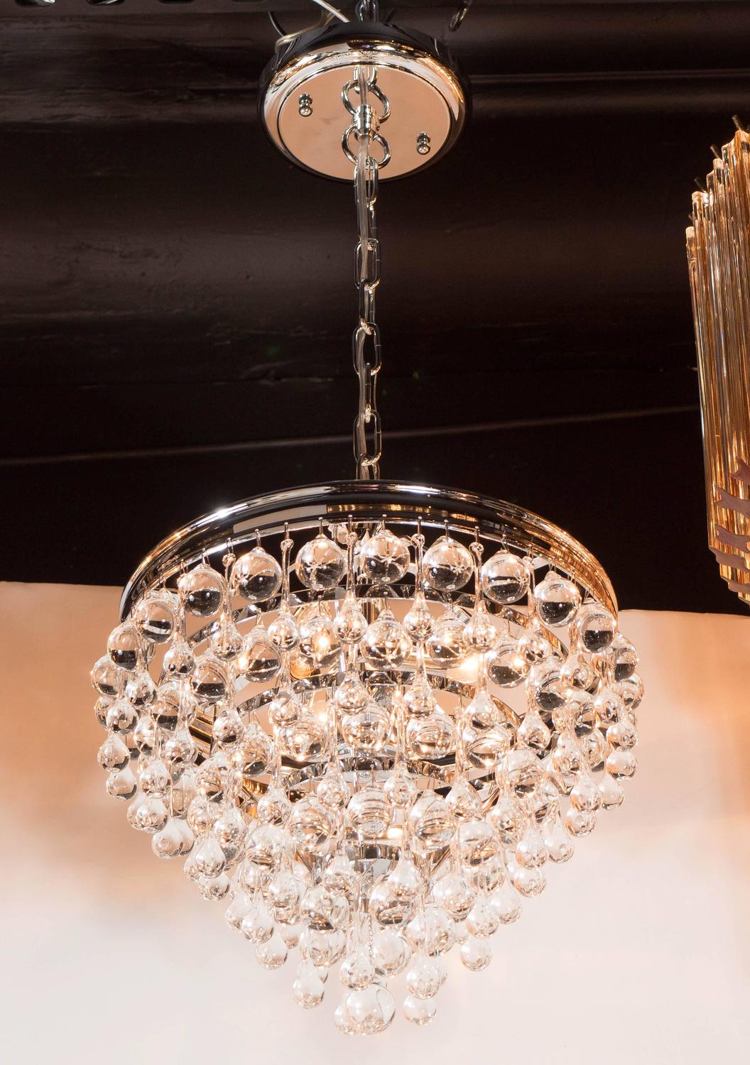 Hollywood Teardrop and Crystal Ball Chandelier in Nickel and Handblown