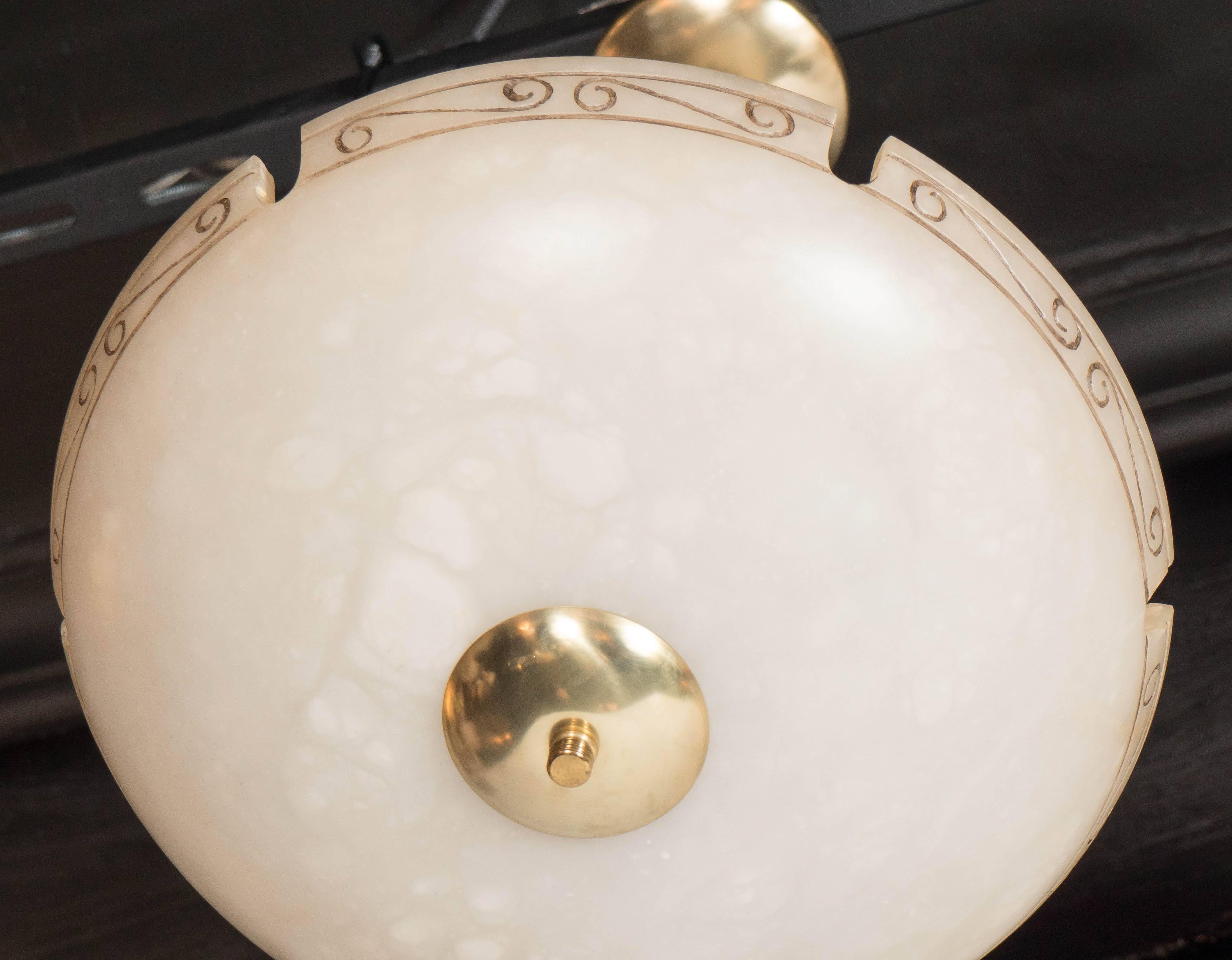 Mid-Century Modernist Alabaster Chandelier with Neoclassical Scroll Motif In Excellent Condition For Sale In New York, NY