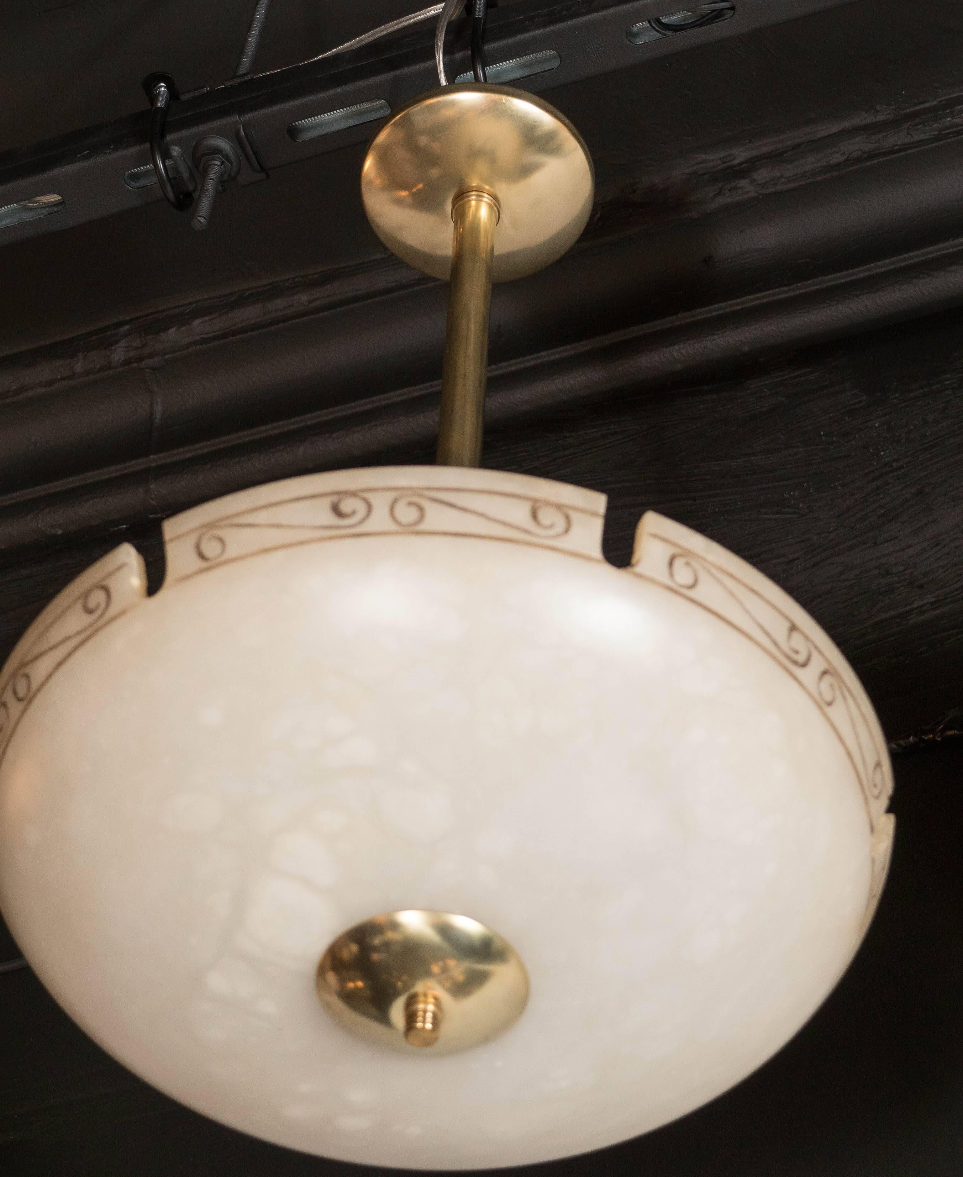 Mid-20th Century Mid-Century Modernist Alabaster Chandelier with Neoclassical Scroll Motif For Sale