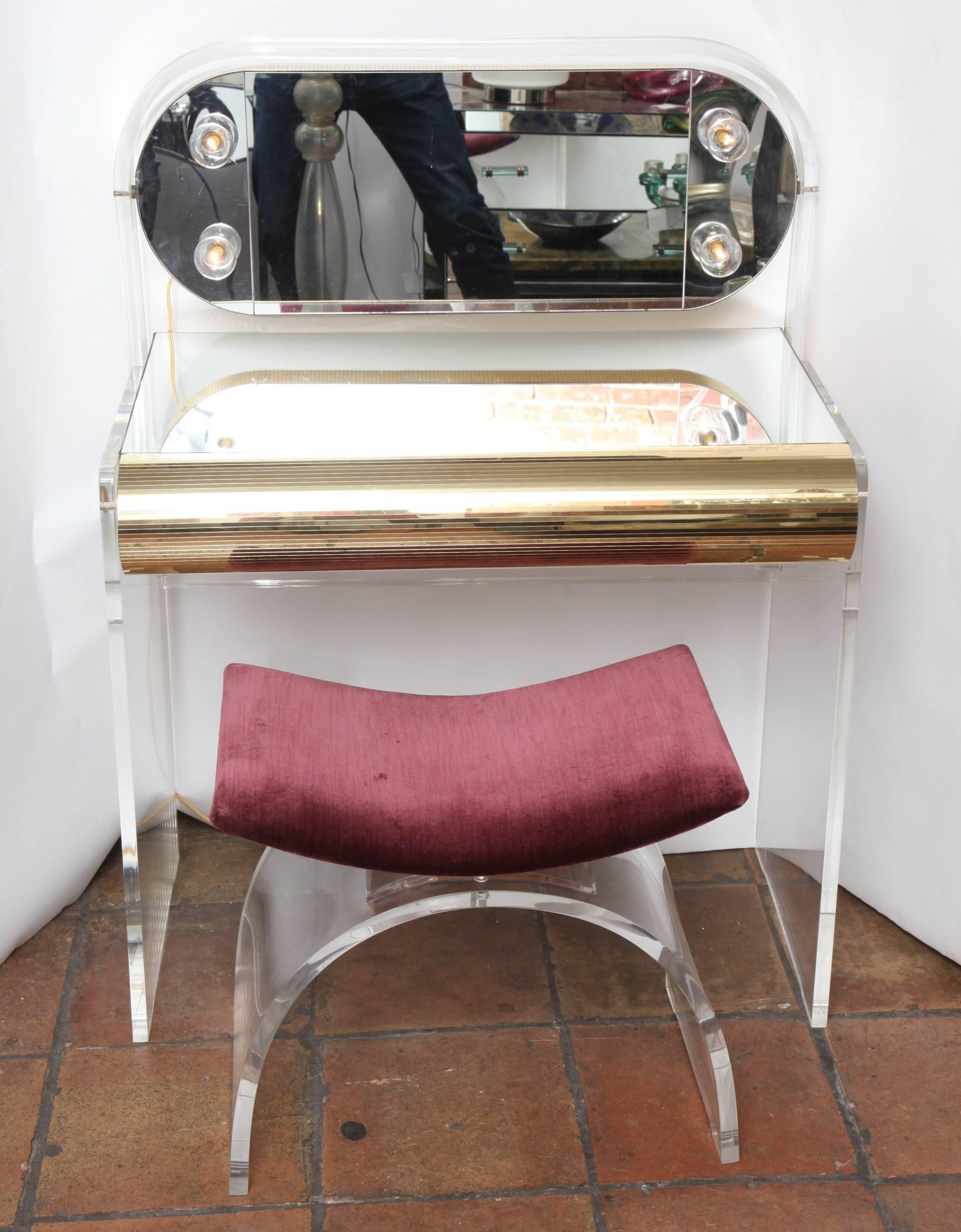Molded Modernist Lucite and Mirrored Vanity and Stool