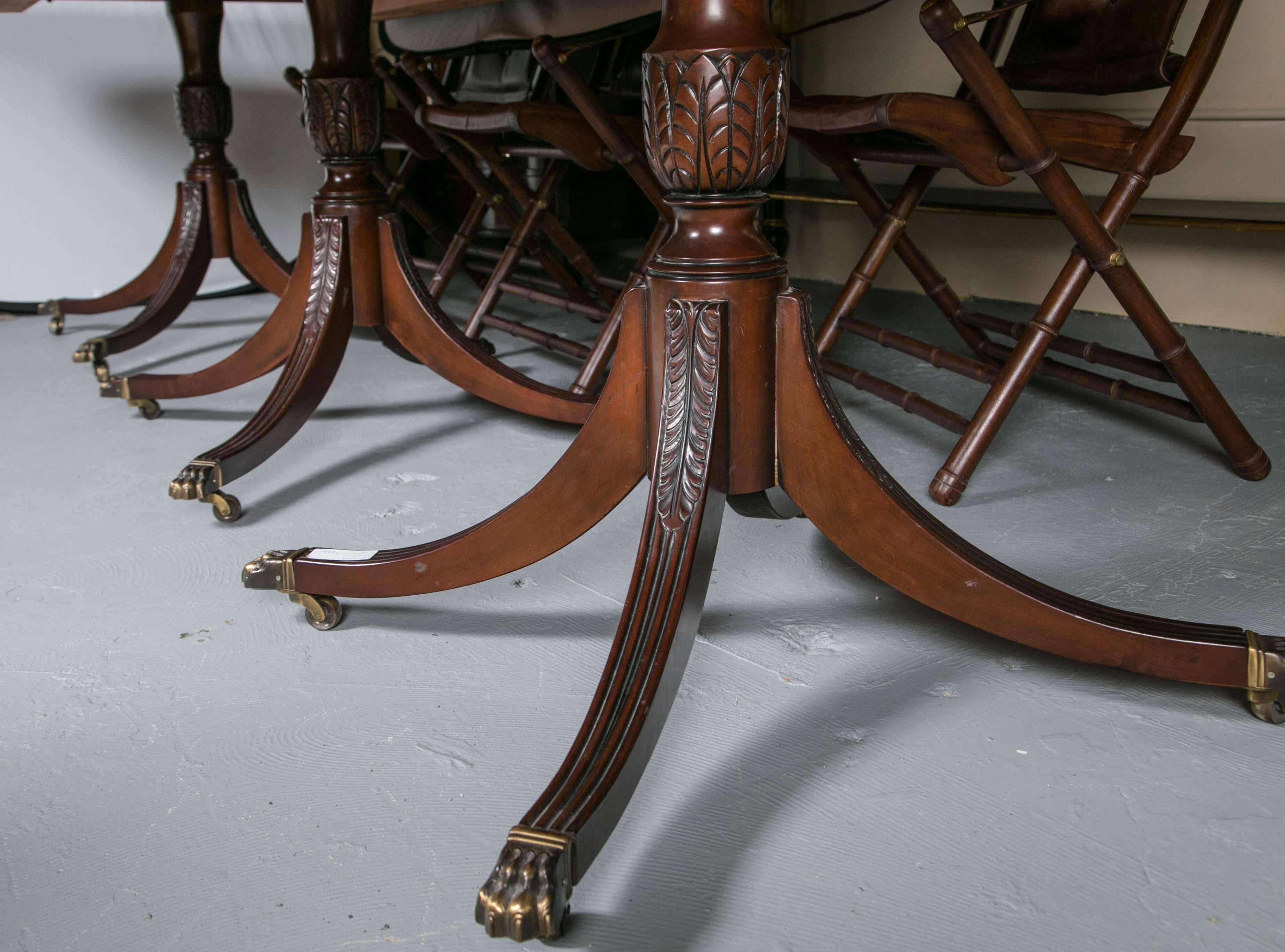 19th Century Georgian Style Crotch Mahogany & Satinwood Banded Triple Pedestal Dining Table 