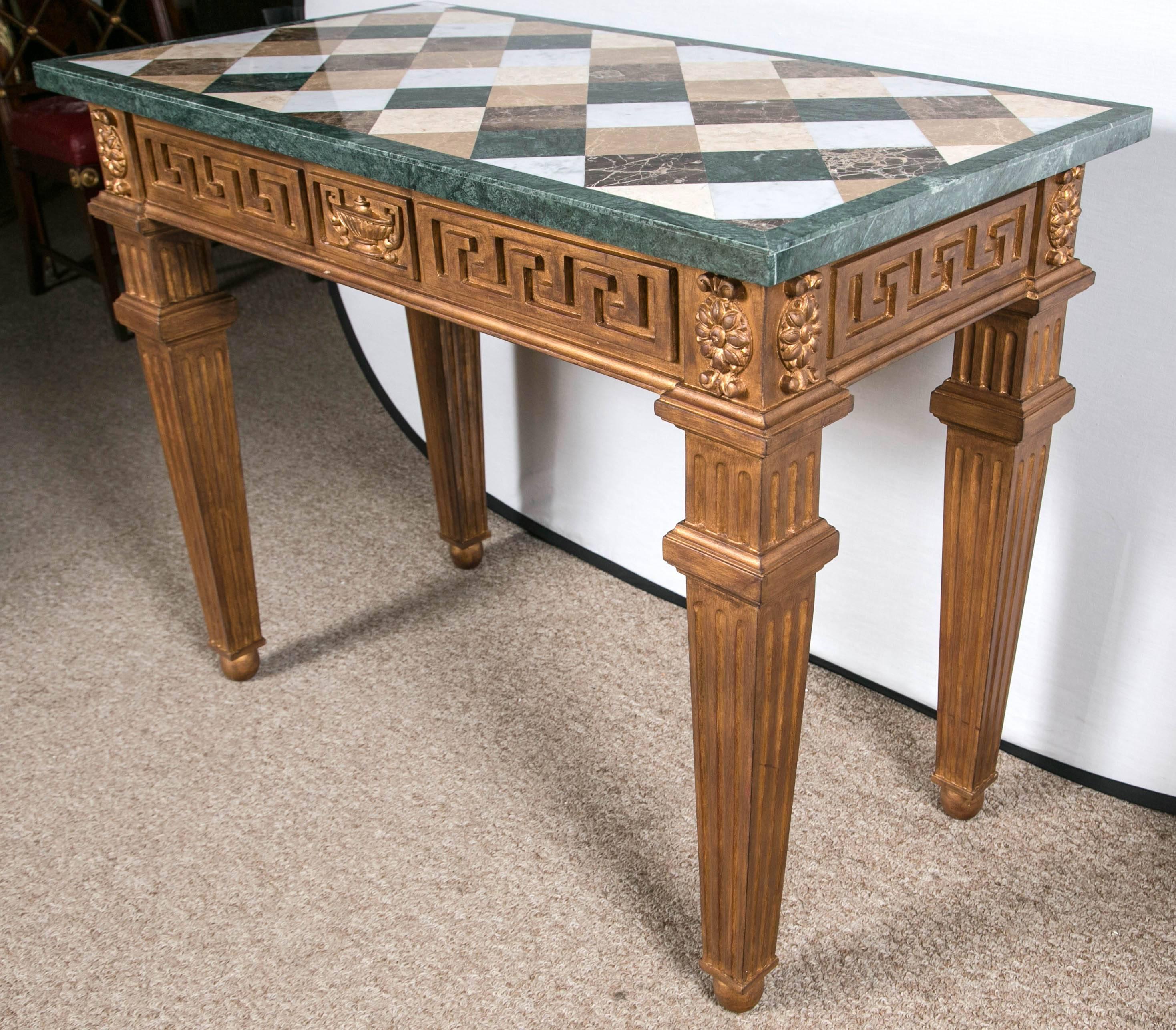 English Pair of Neoclassical Style Marble-Top Greek Key Design Console Tables