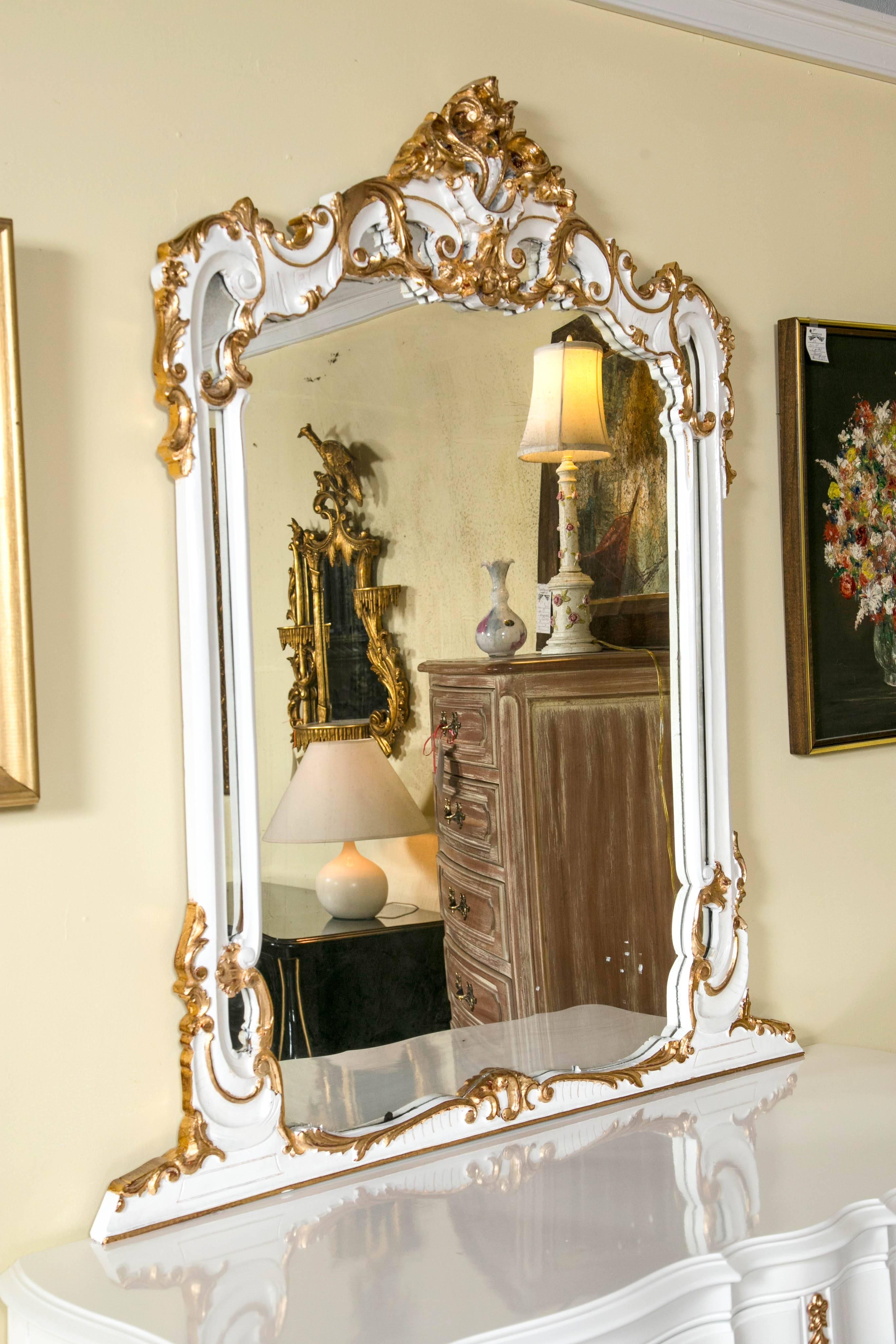 Louis XV Style Paint and Gilt Gold Wall Dresser Mirror Wonderfully Carved In Good Condition In Stamford, CT