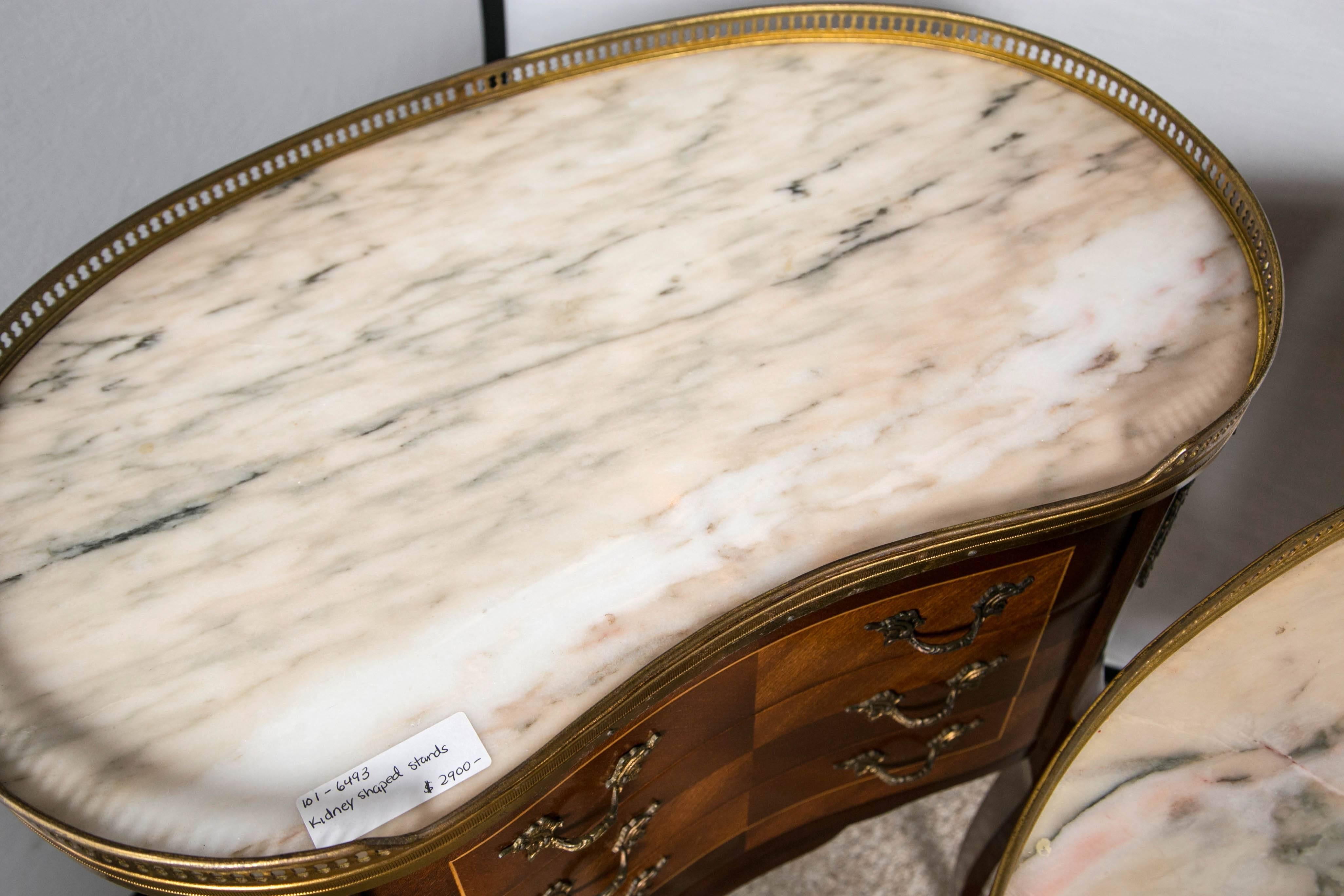 French Pair of Louis XV Style Marble-Top Kidney Shaped Stands