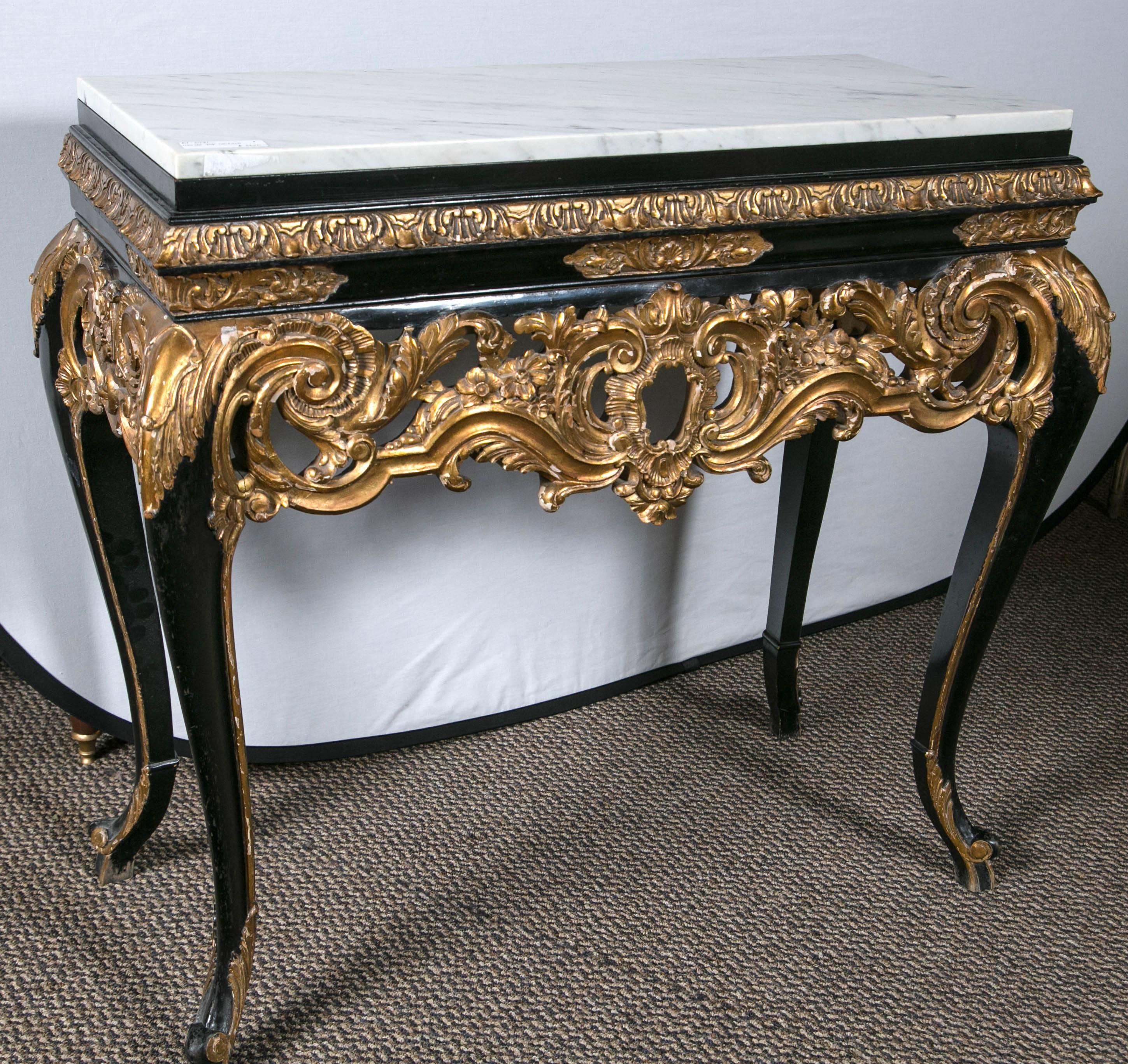 Louis XV Gilt and Ebony Decorated Marble-Top Console
