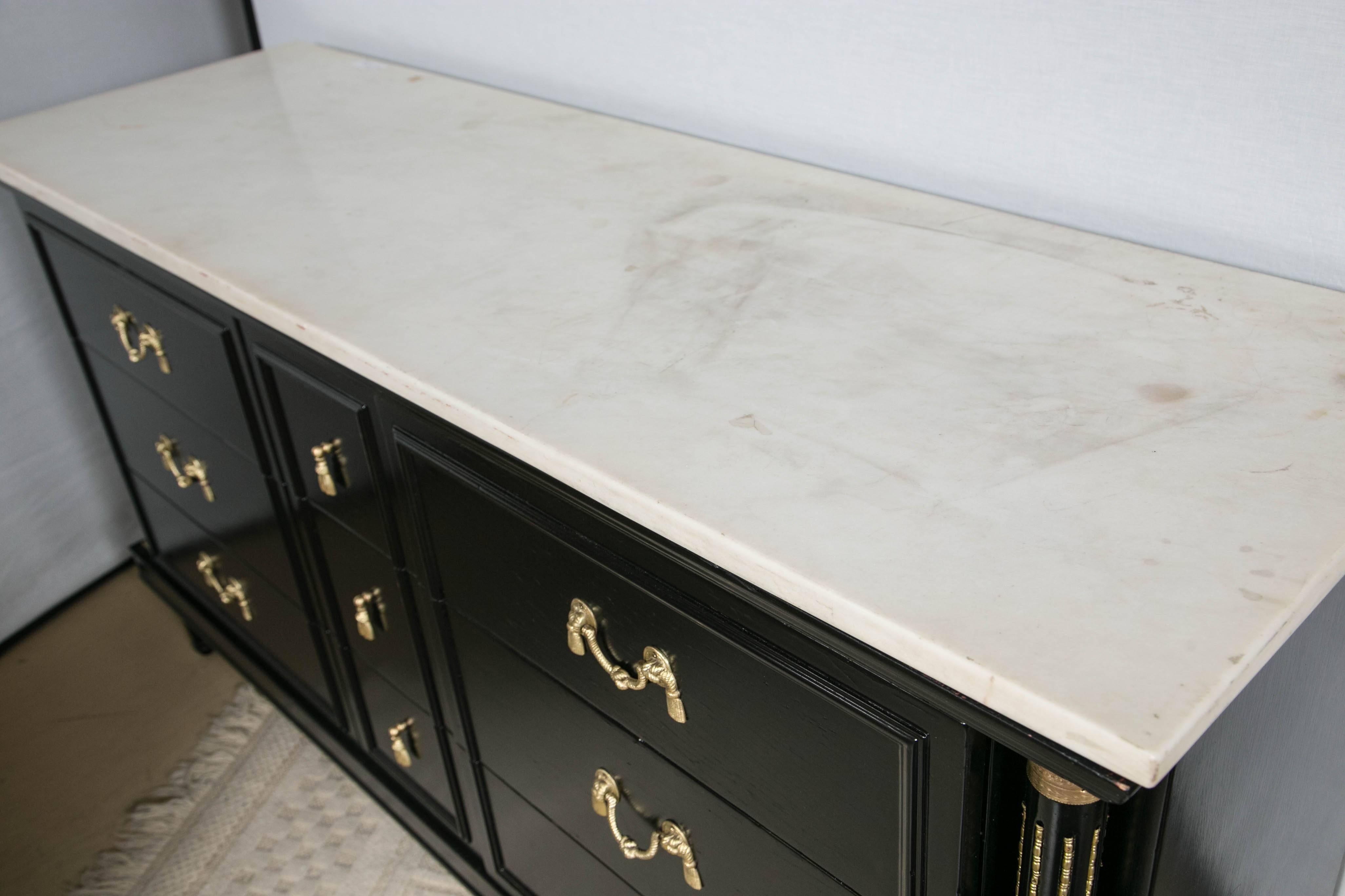 French Louis XVI Style Marble-Top Ebonized Dresser or Sideboard by Maison Jansen