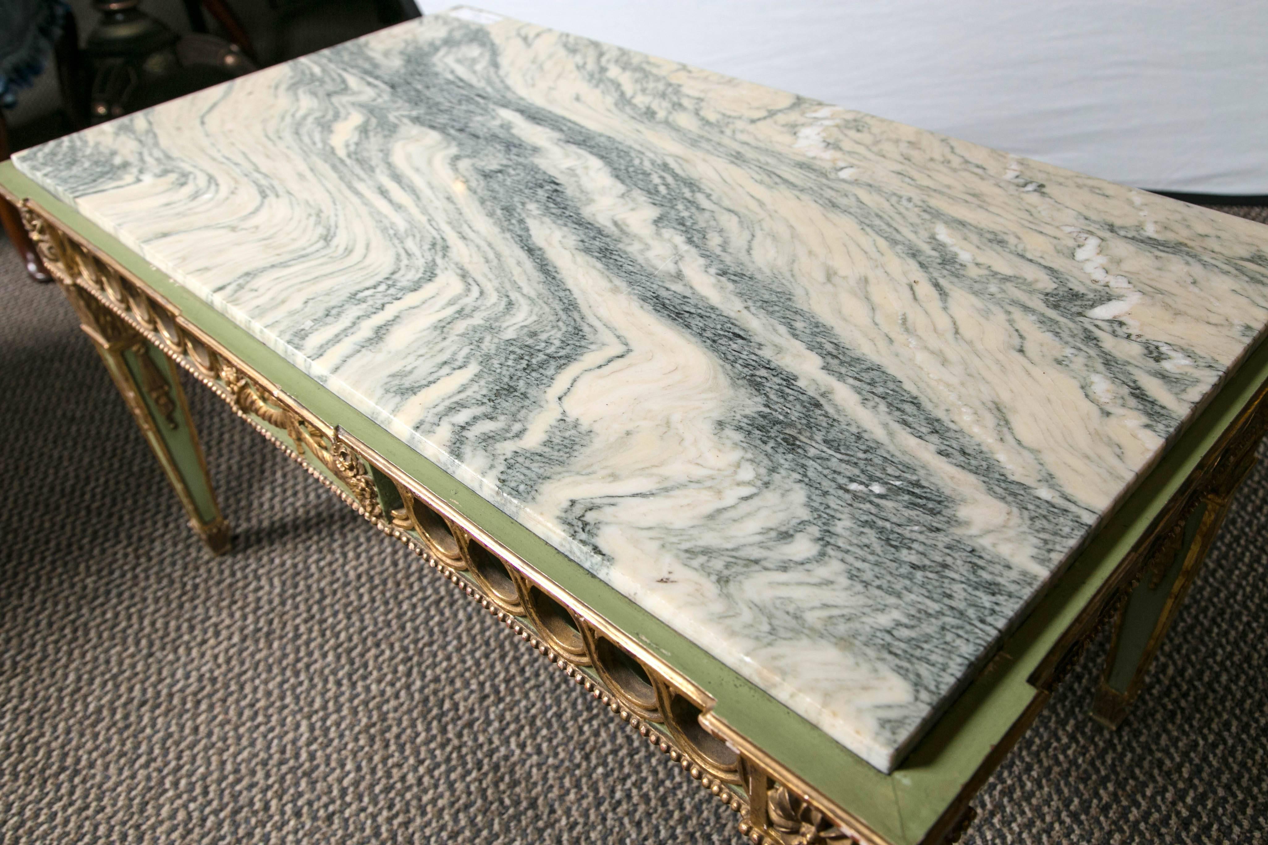 Hollywood Regency French Sage Paint Decorated Marble-Top Coffee Table by Jansen In Good Condition In Stamford, CT