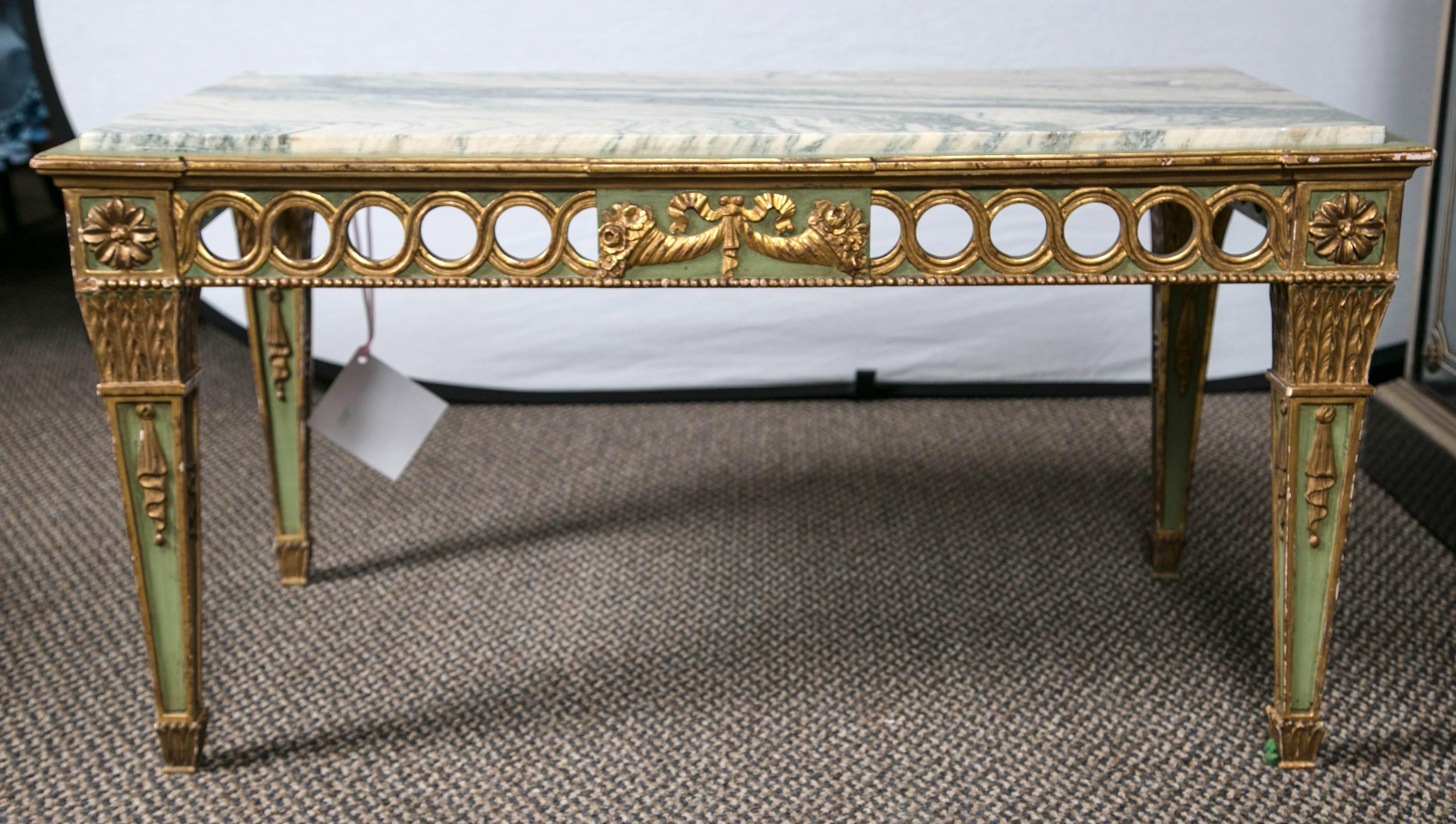 Mid-20th Century Hollywood Regency French Sage Paint Decorated Marble-Top Coffee Table by Jansen