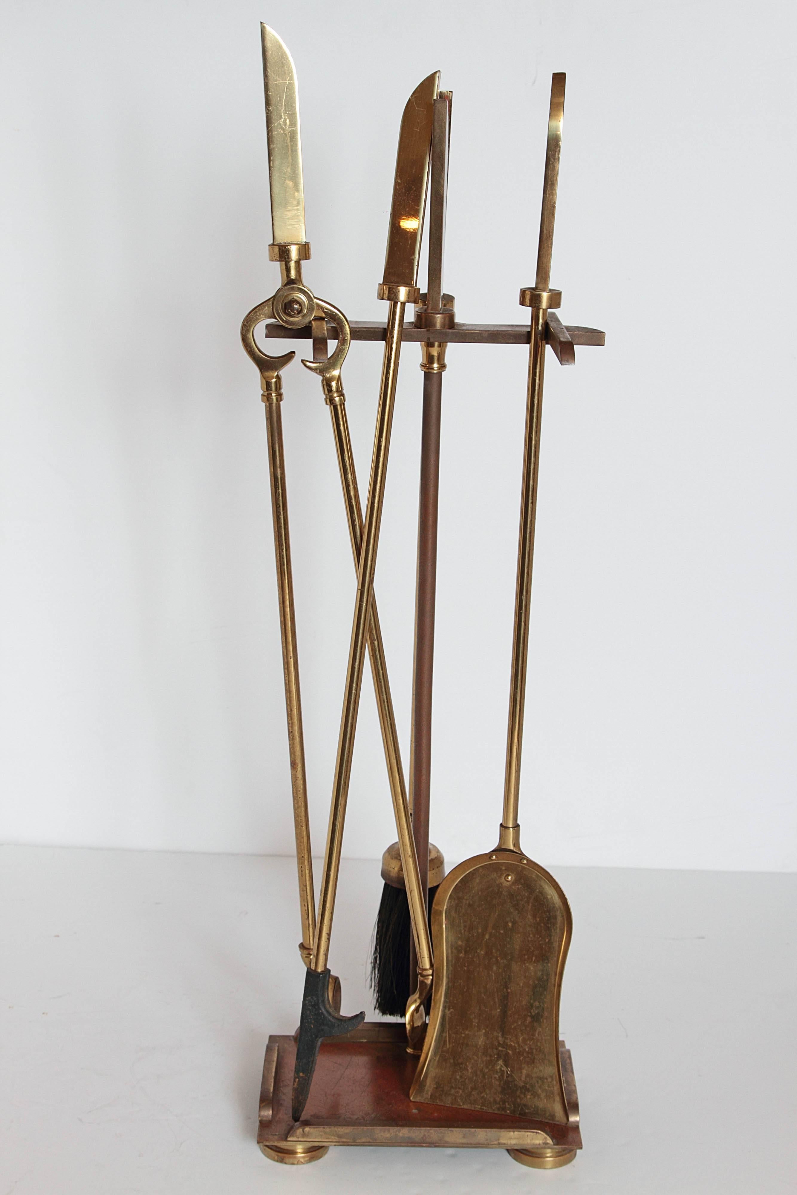 American Highest Quality Original Art Deco Machine Age Brass Andirons and Fireplace Tools