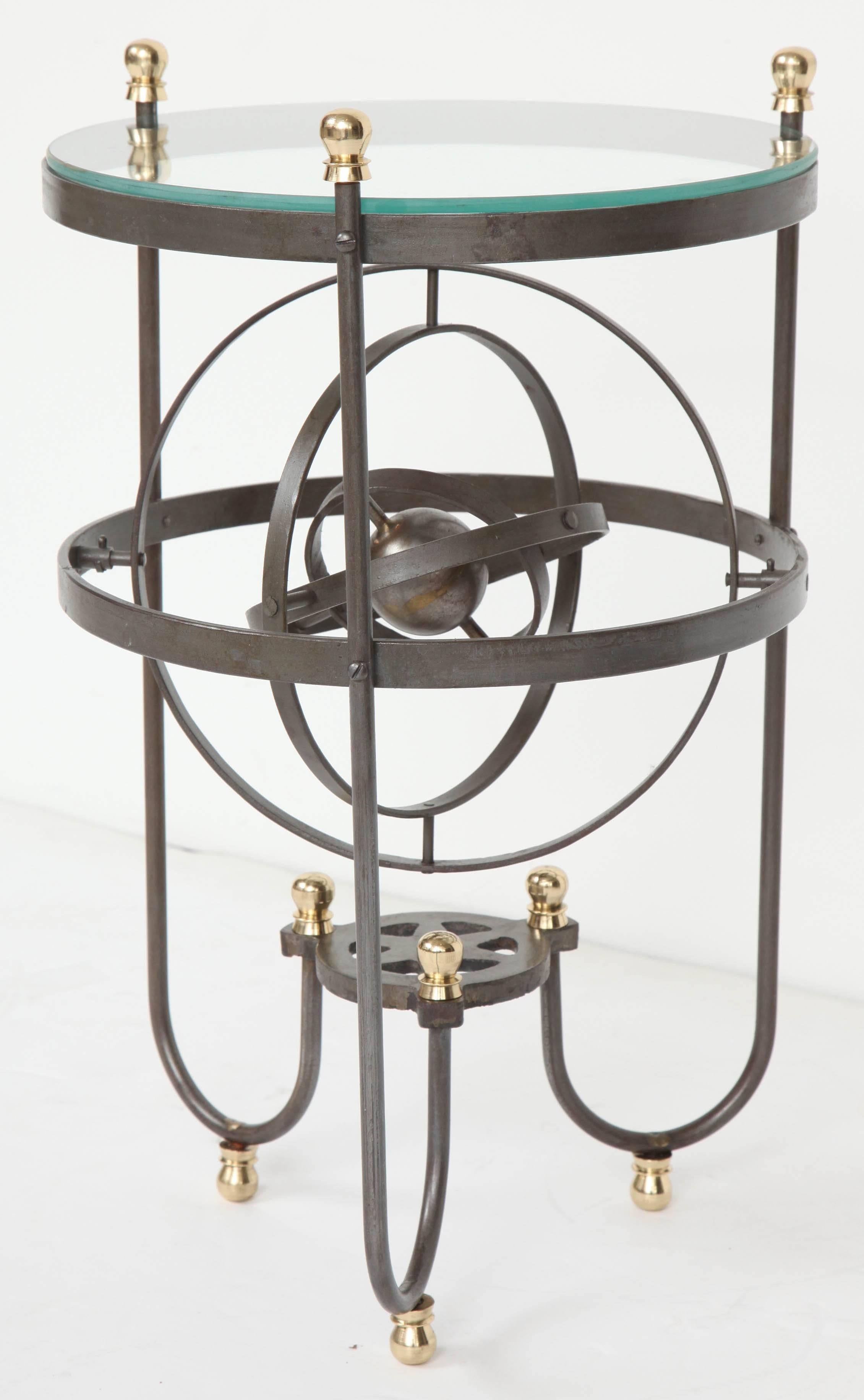 Bronze and iron astrolabe side table having glass top 