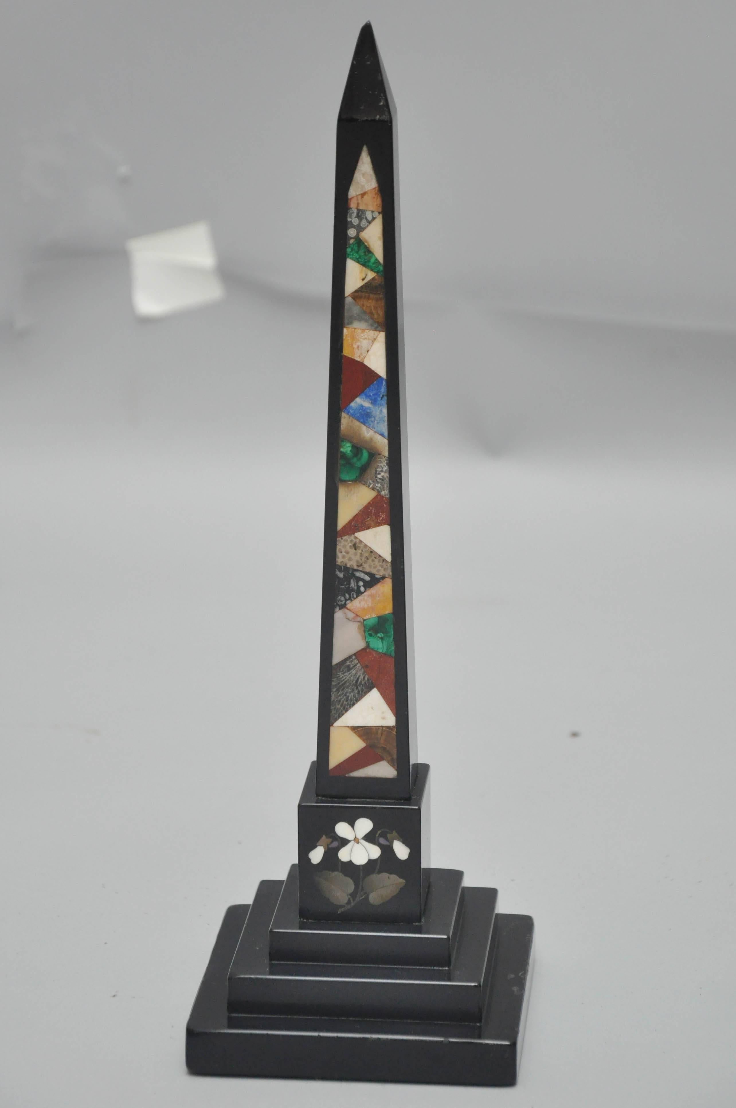 Classical Roman Set of Five Specimen Pietra Dura Inlaid Marble Obelisks, England, 1850 For Sale