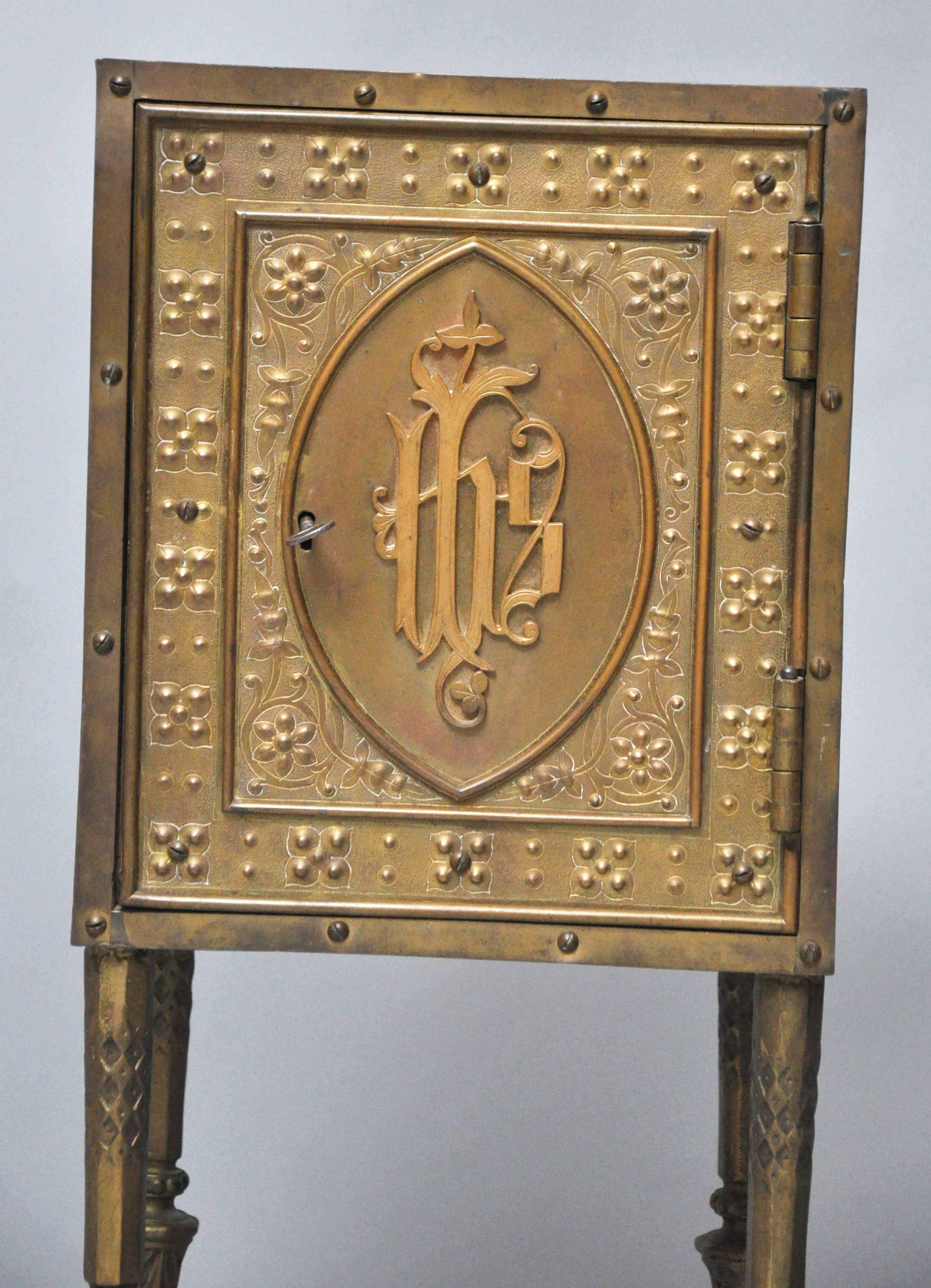 French bronze and iron tabernacle safe with key, converted to end table.  IHS monogram symbol for 