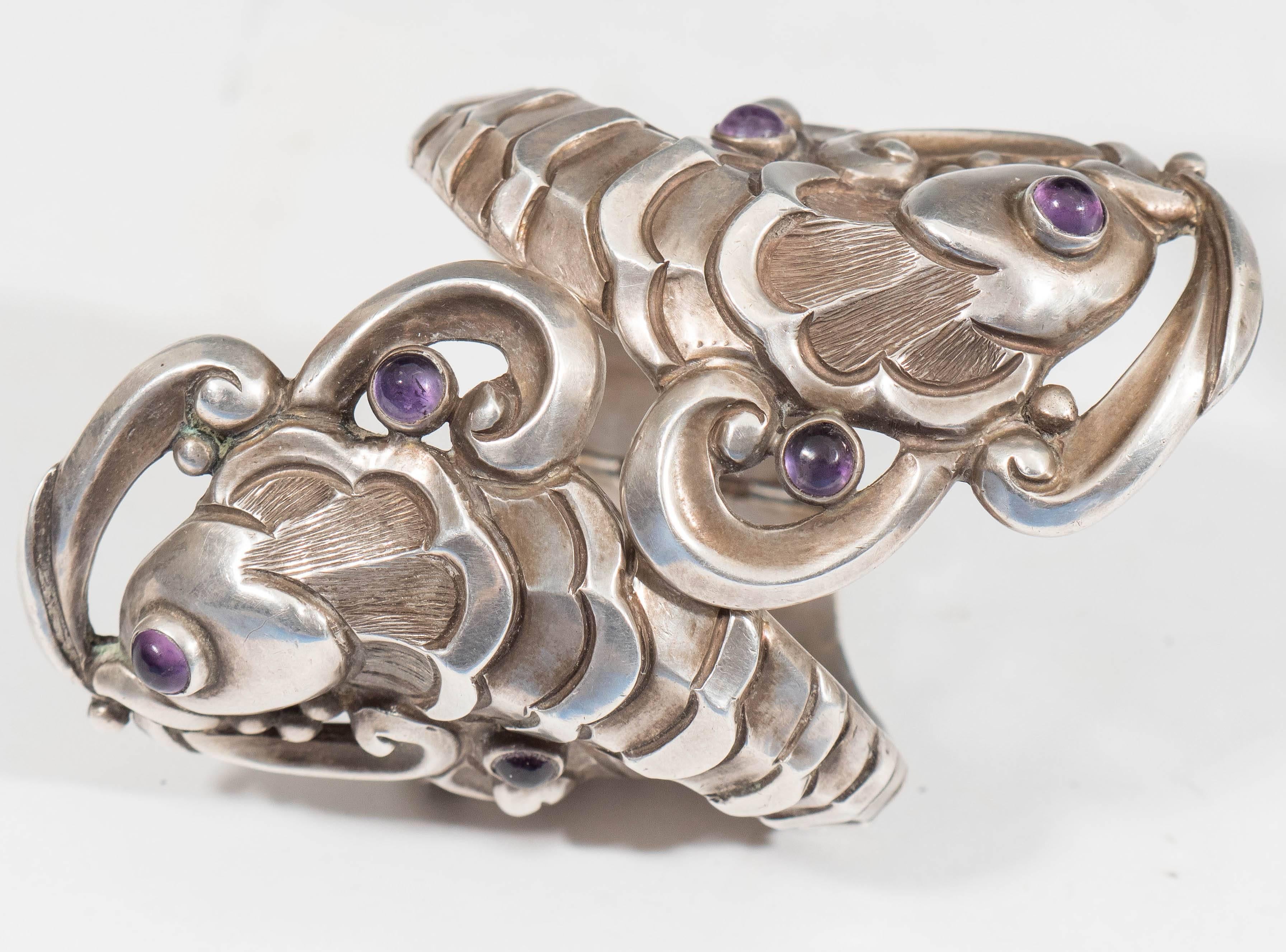 Mid-Century Modern Margot De Taxco Sterling Silver Koi Fish Clamper Bracelet with Amethyst Stones