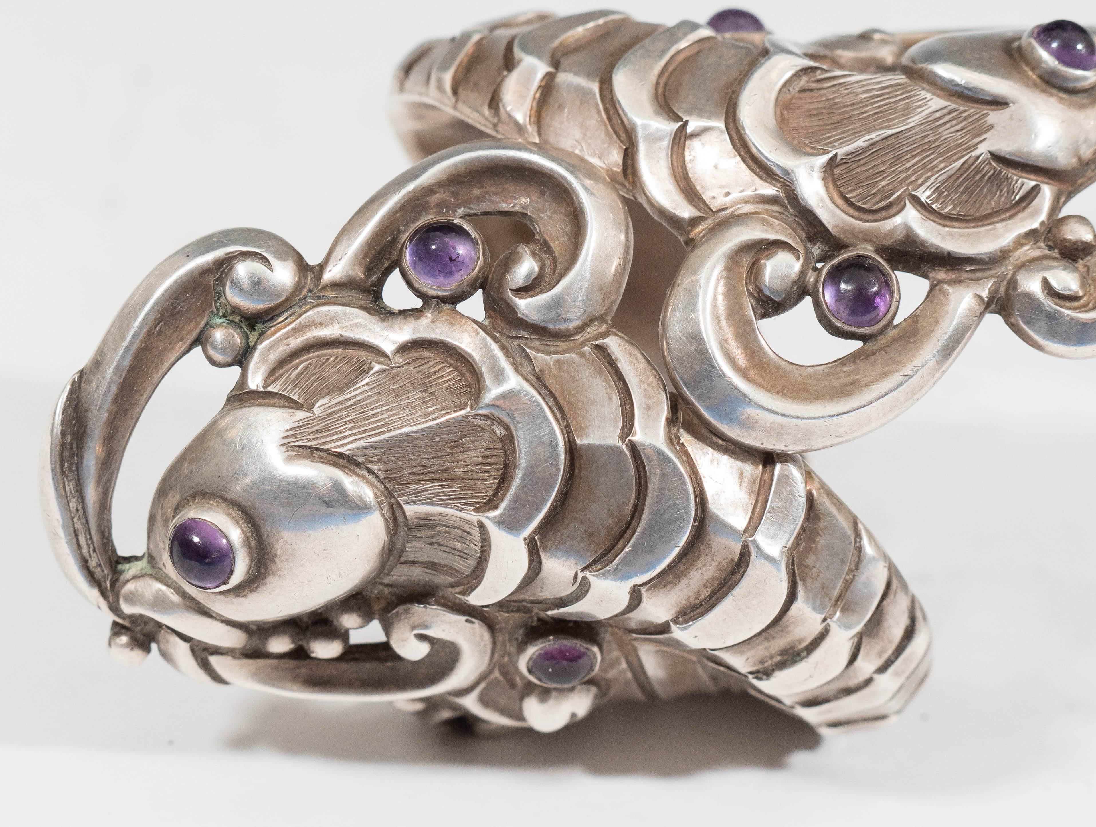 Mexican Margot De Taxco Sterling Silver Koi Fish Clamper Bracelet with Amethyst Stones