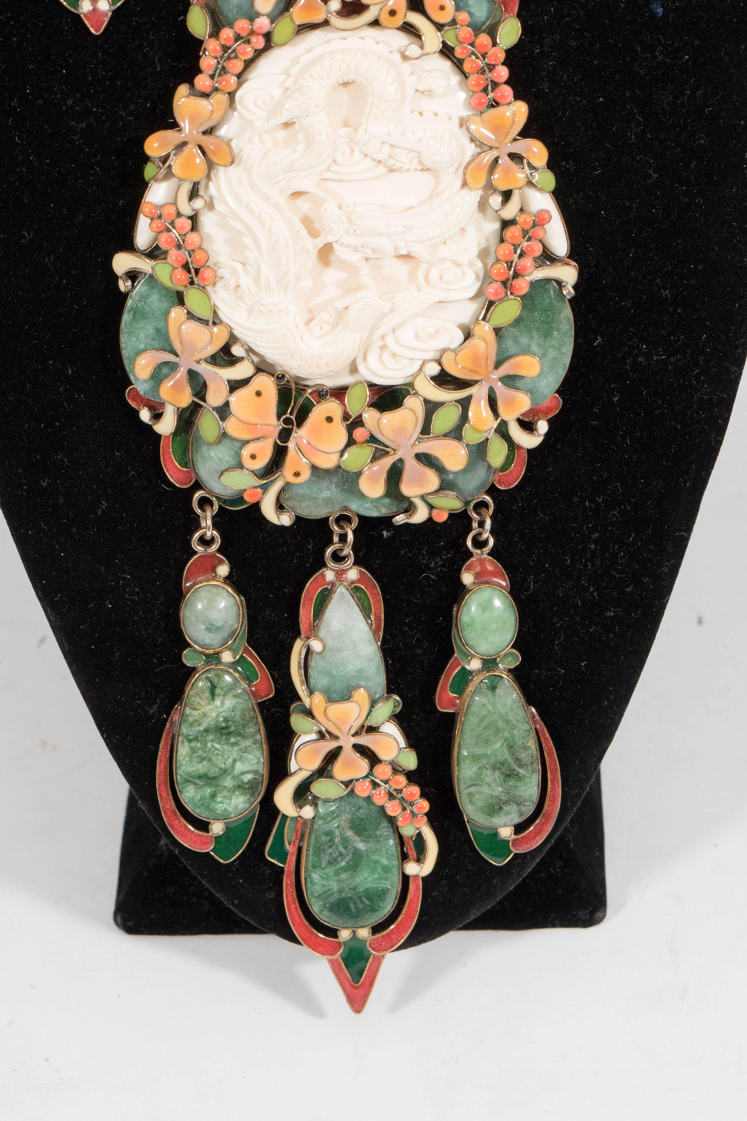 A one of a kind, circa 1970s vintage jewelry suite, which includes a stunning lavalier necklace, matching cuff bracelet, ring and earrings, crafted and designed by California jewelry artisan Vega Maddux (otherwise Vega Maddox), notable for her
