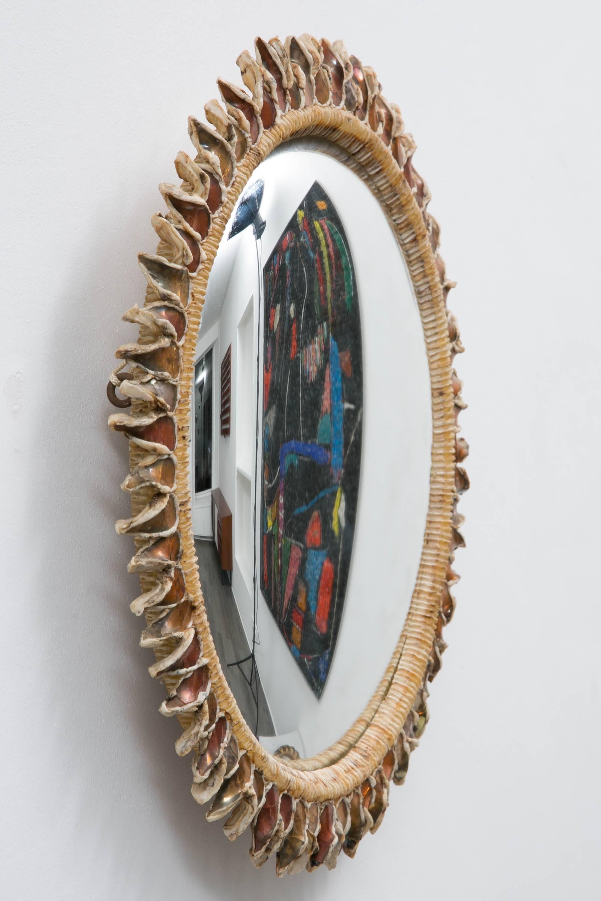 Talosel witch mirror incrusted with orange opalescent mirrors.
Provenance: Private collection, France.
Signed 