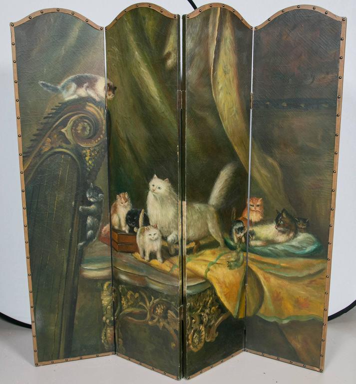 Rare 19th Century Room Divider Screen with Cats and Kittens Scene at