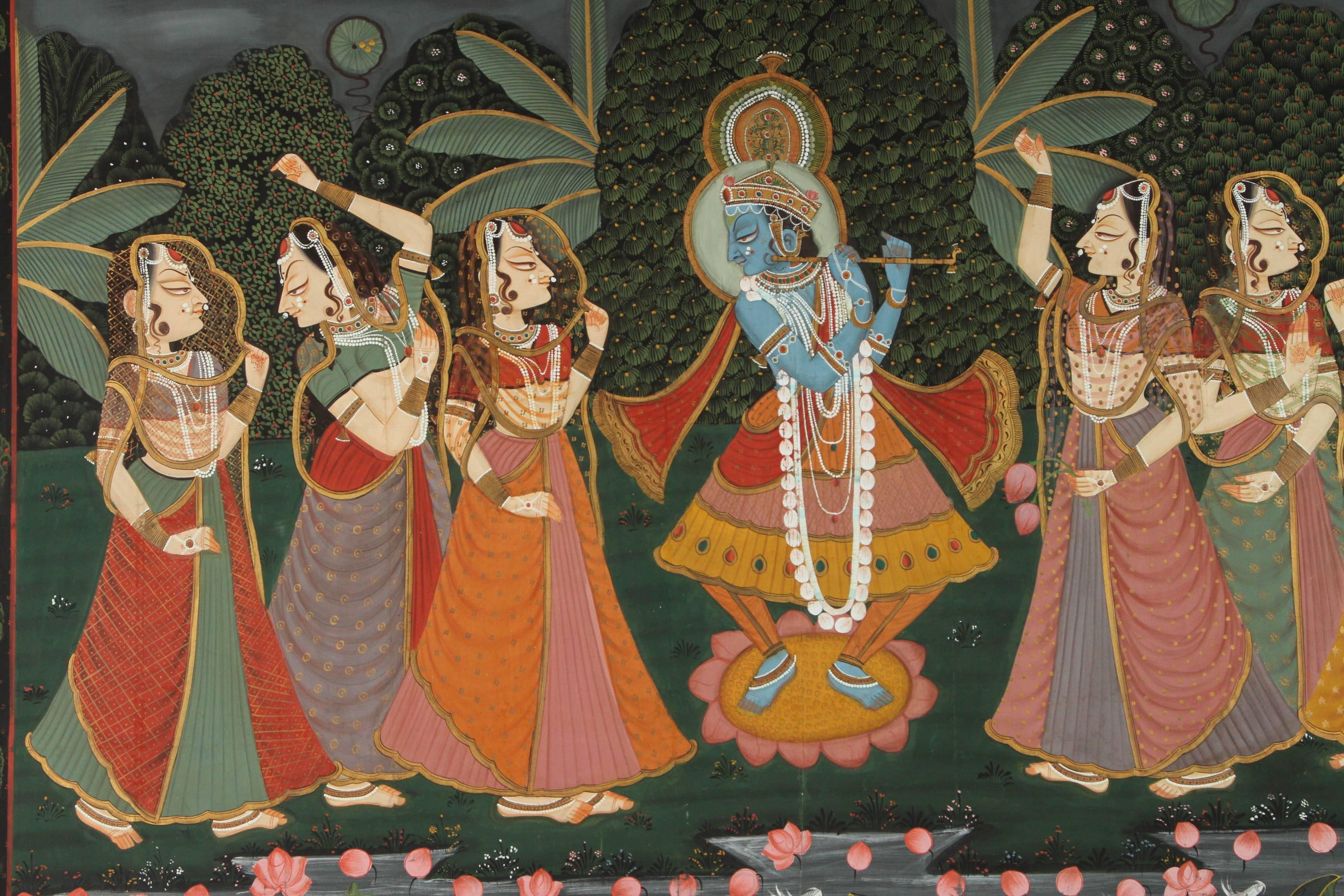 Folk Art Large Pichhavai Painting of Krishna with Female Gopis Dancing For Sale