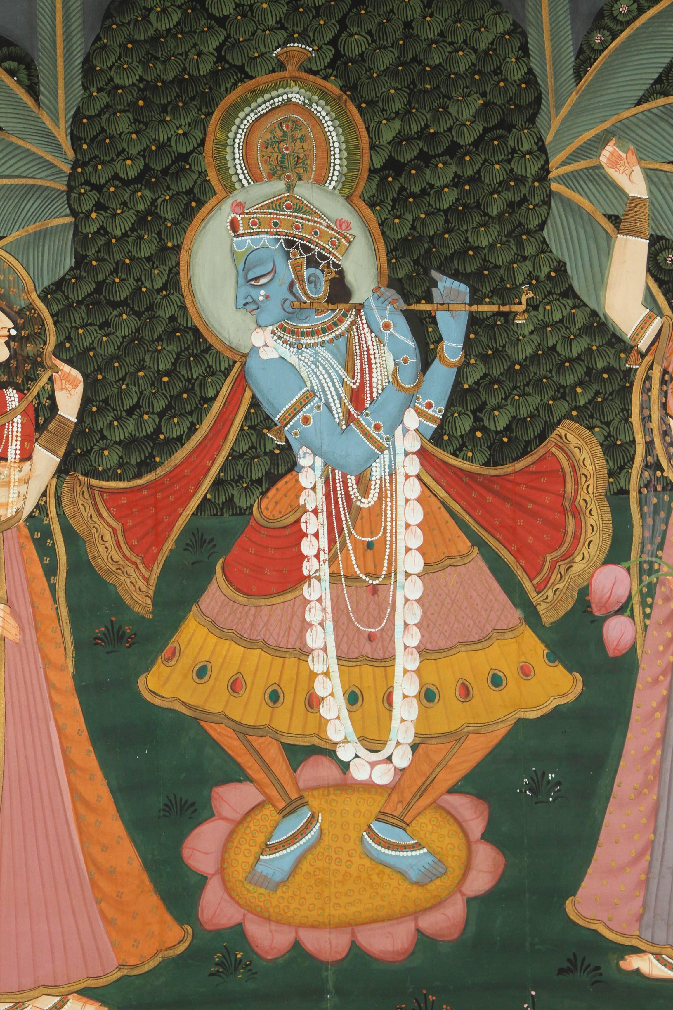 Indian Large Pichhavai Painting of Krishna with Female Gopis Dancing For Sale