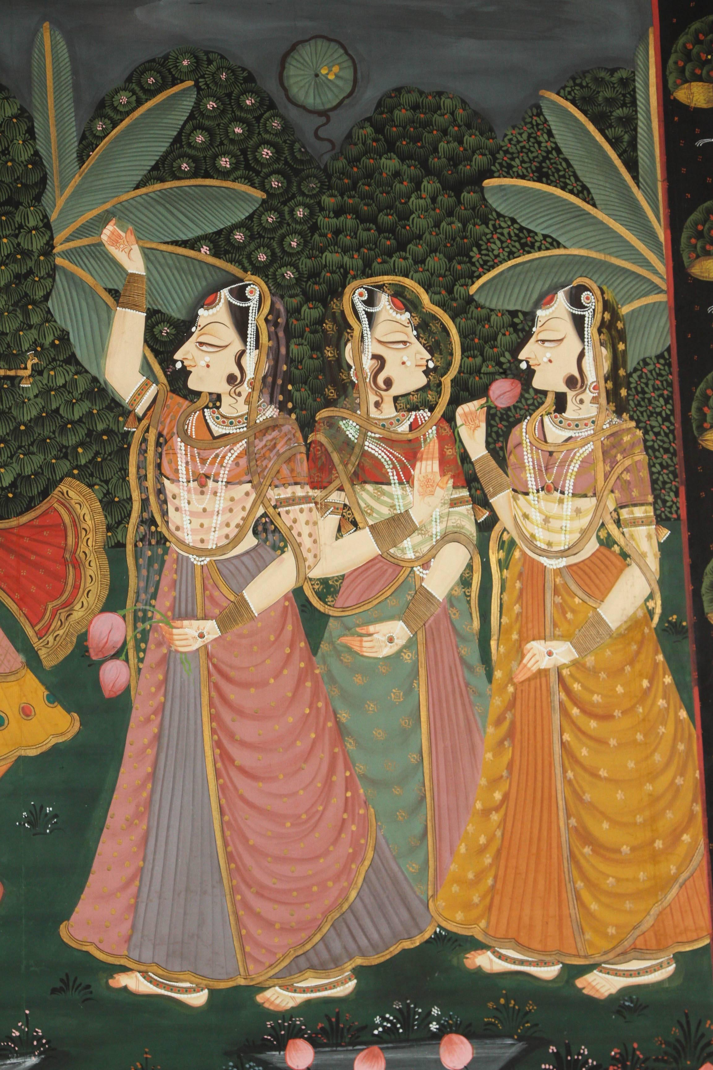 Hand-Painted Large Pichhavai Painting of Krishna with Female Gopis Dancing For Sale