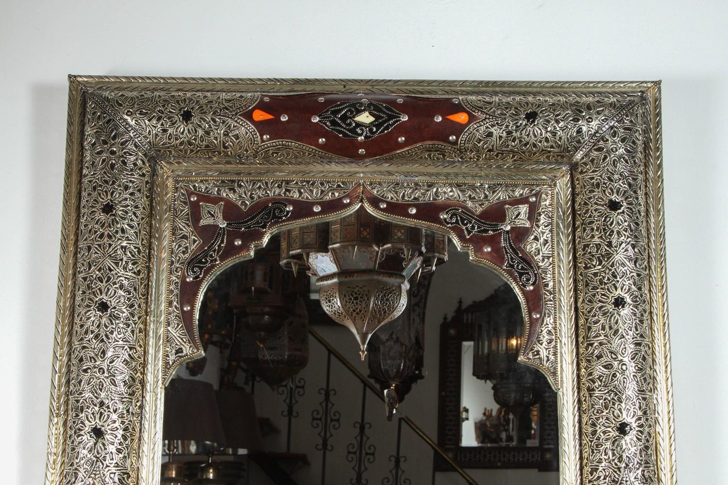 Moroccan Mirror with Silver and Leather Design For Sale at 1stdibs