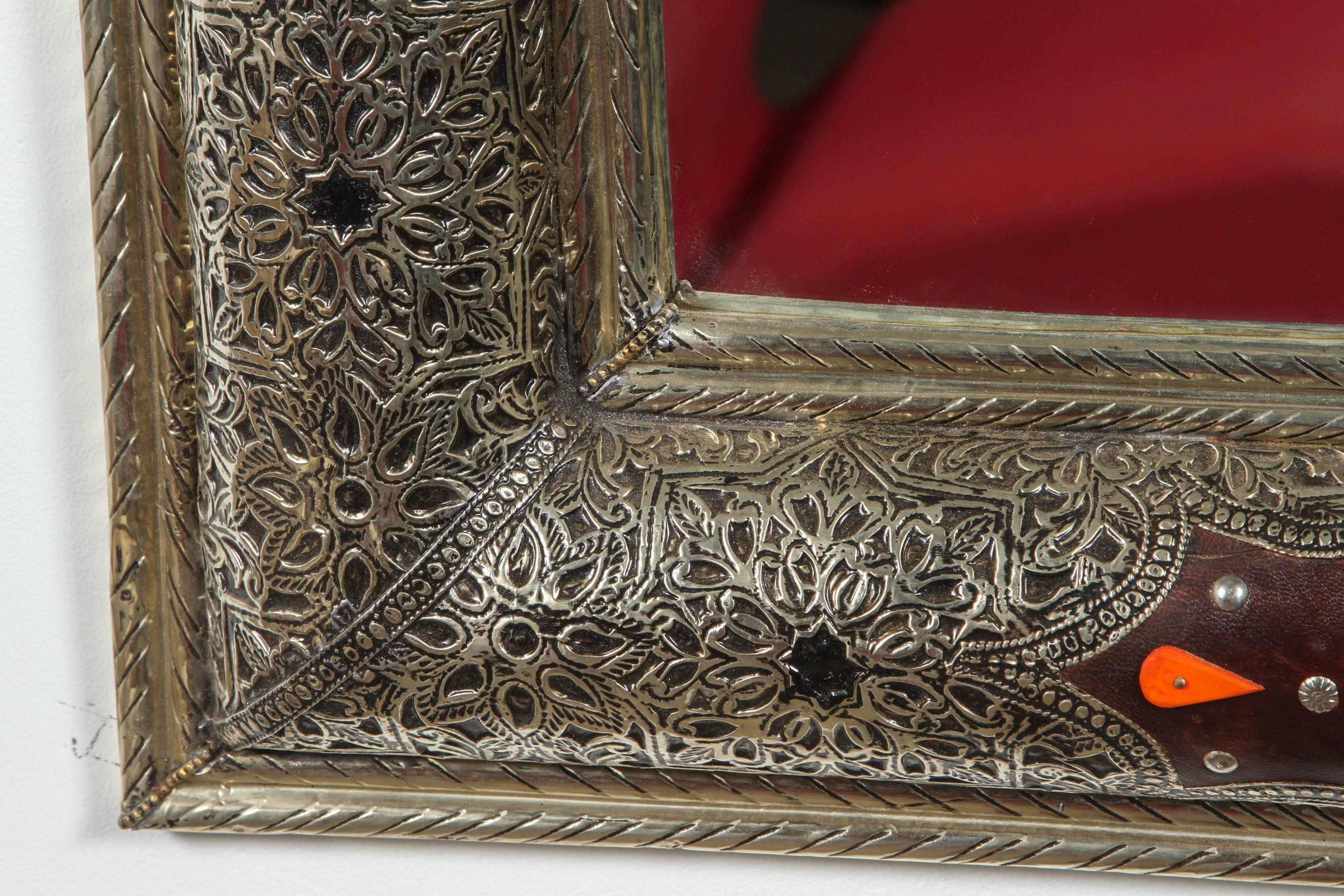 Bohemian Moroccan Mirror with Silver and Leather Design