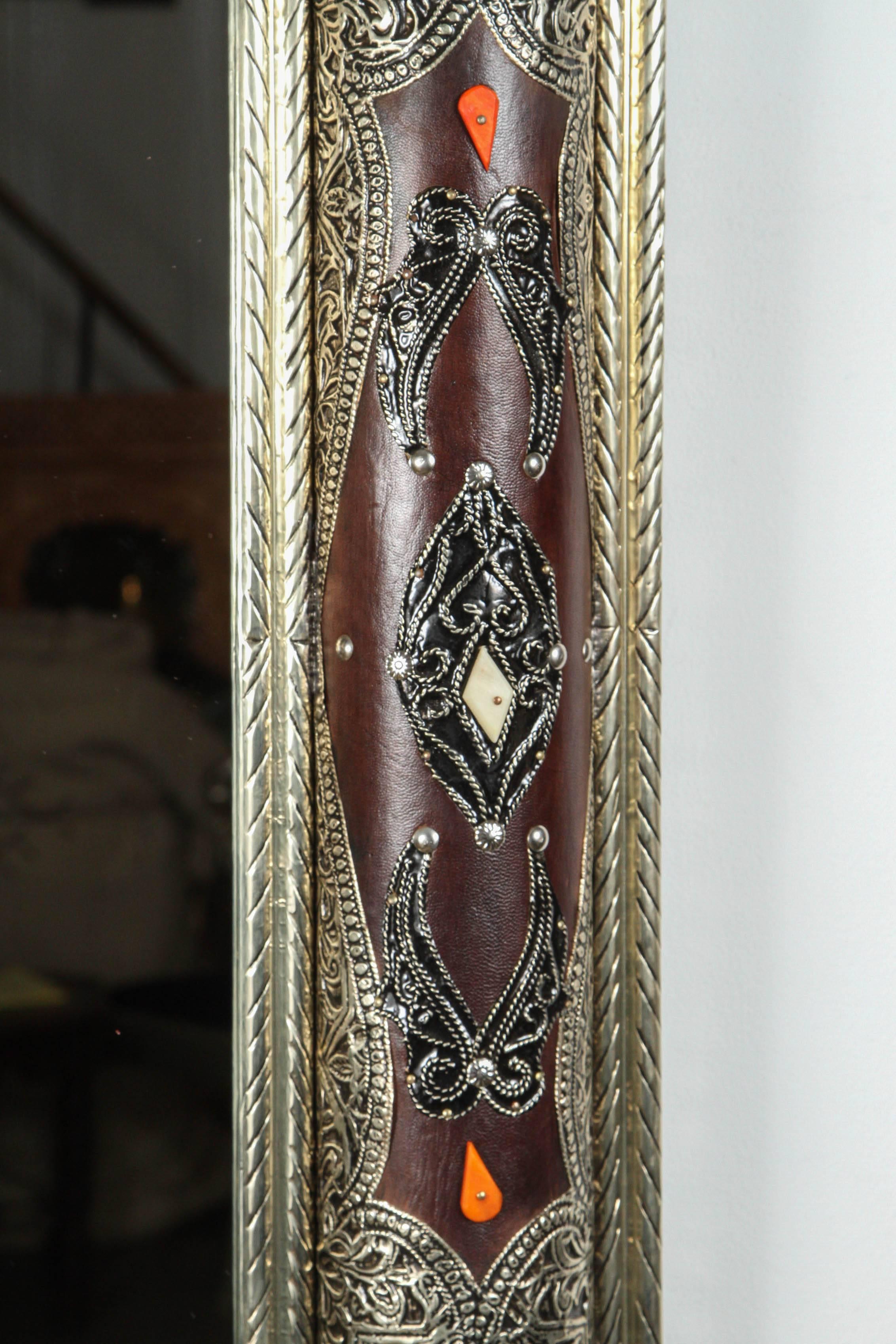 Hand-Crafted Moroccan Mirror with Silver and Leather Design