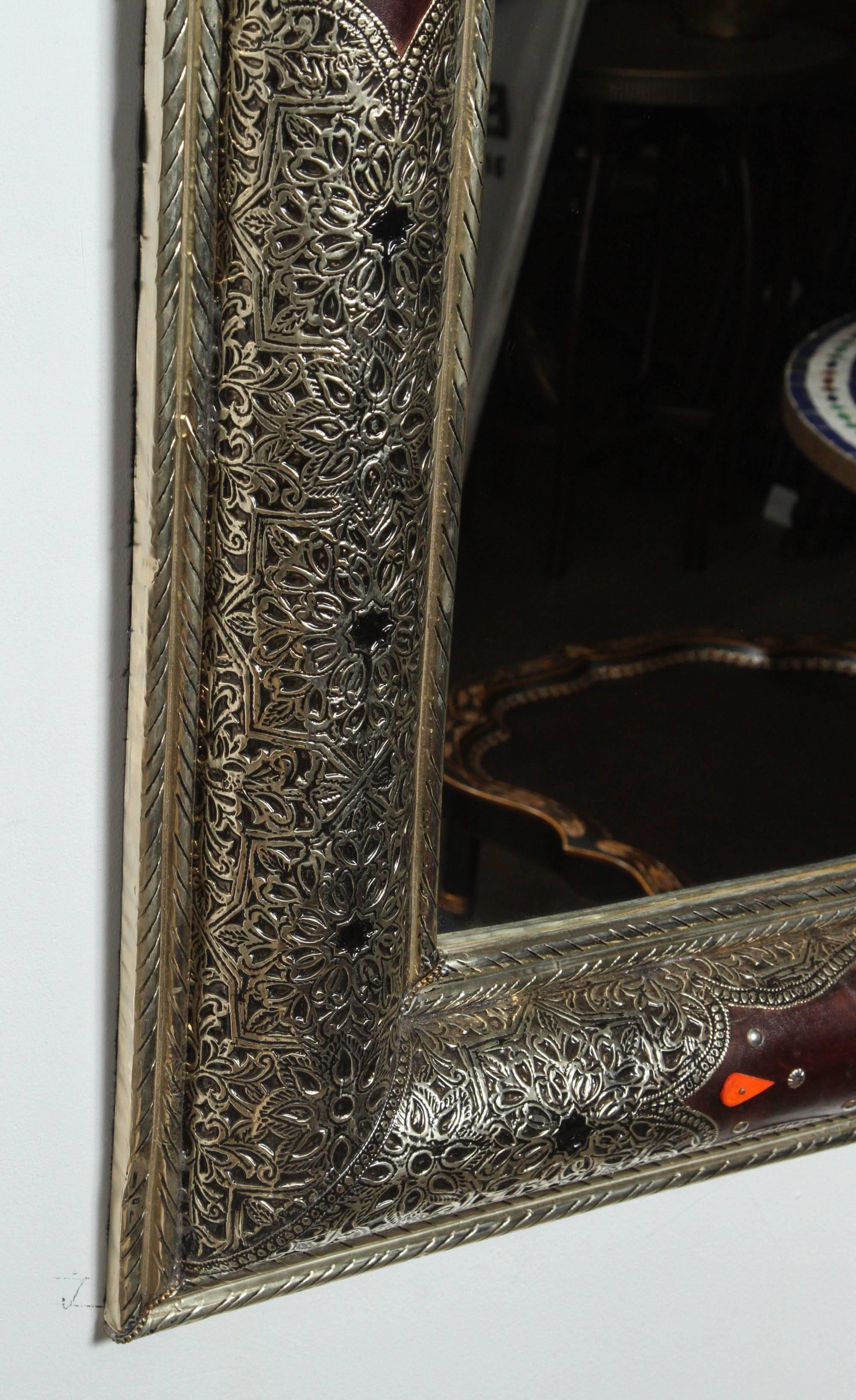 Moroccan Mirror with Silver and Leather Design In Excellent Condition In North Hollywood, CA