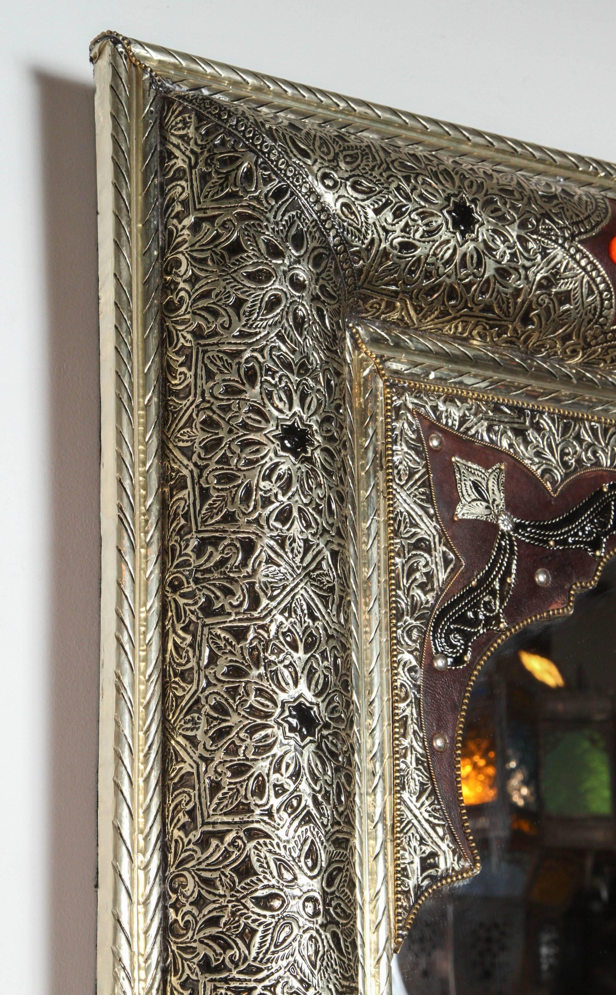 20th Century Moroccan Mirror with Silver and Leather Design