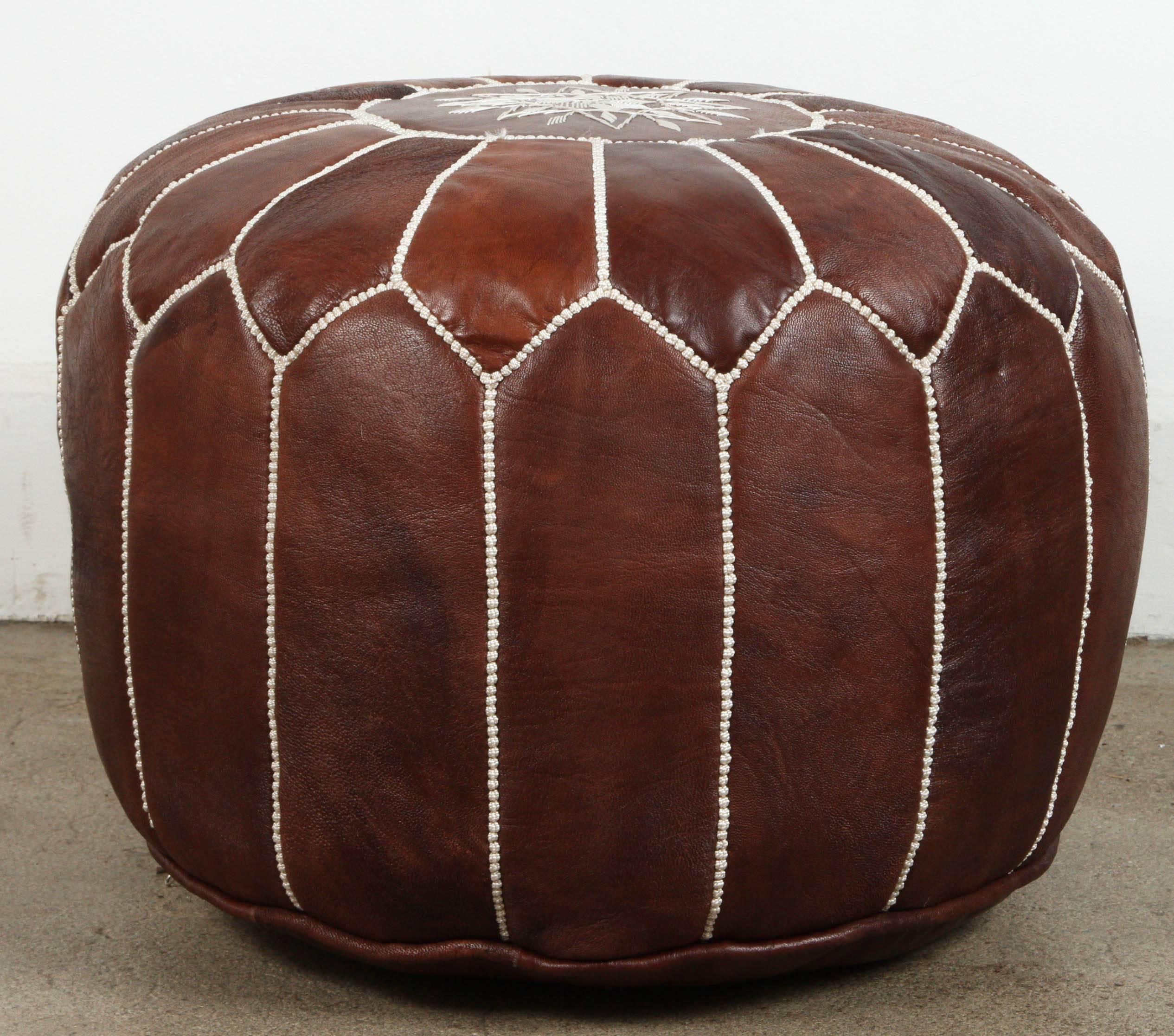 Mid-Century Modern Moroccan Brown Hand Tooled Leather Pouf