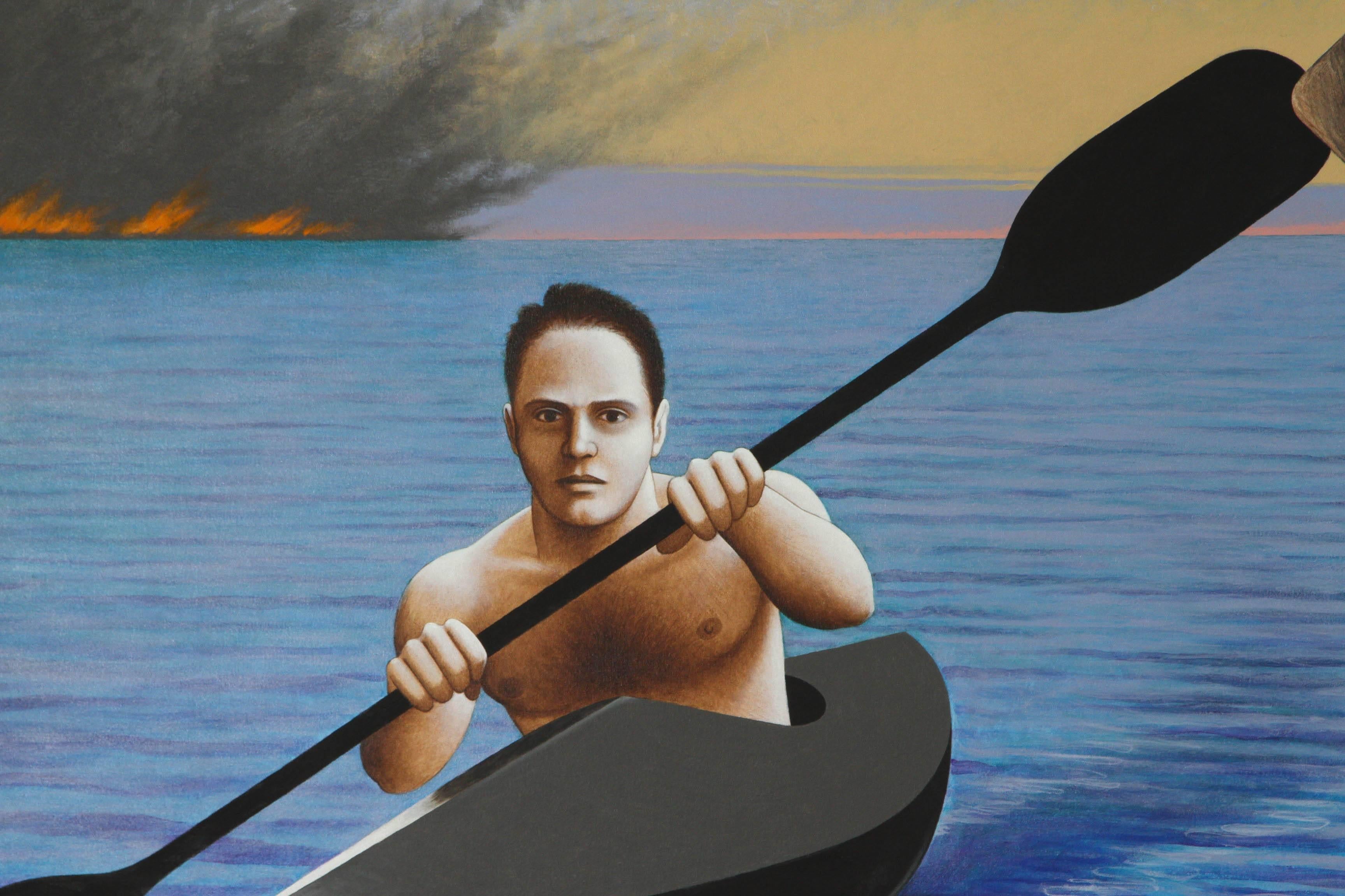 Kayakers escaping from a disaster.
Fine art painting by Lynn Curlee, artist, and author/illustrator of many award winning children's books.
This large and impressive painting is acrylic on stretched canvas.
The edges are fully finished and