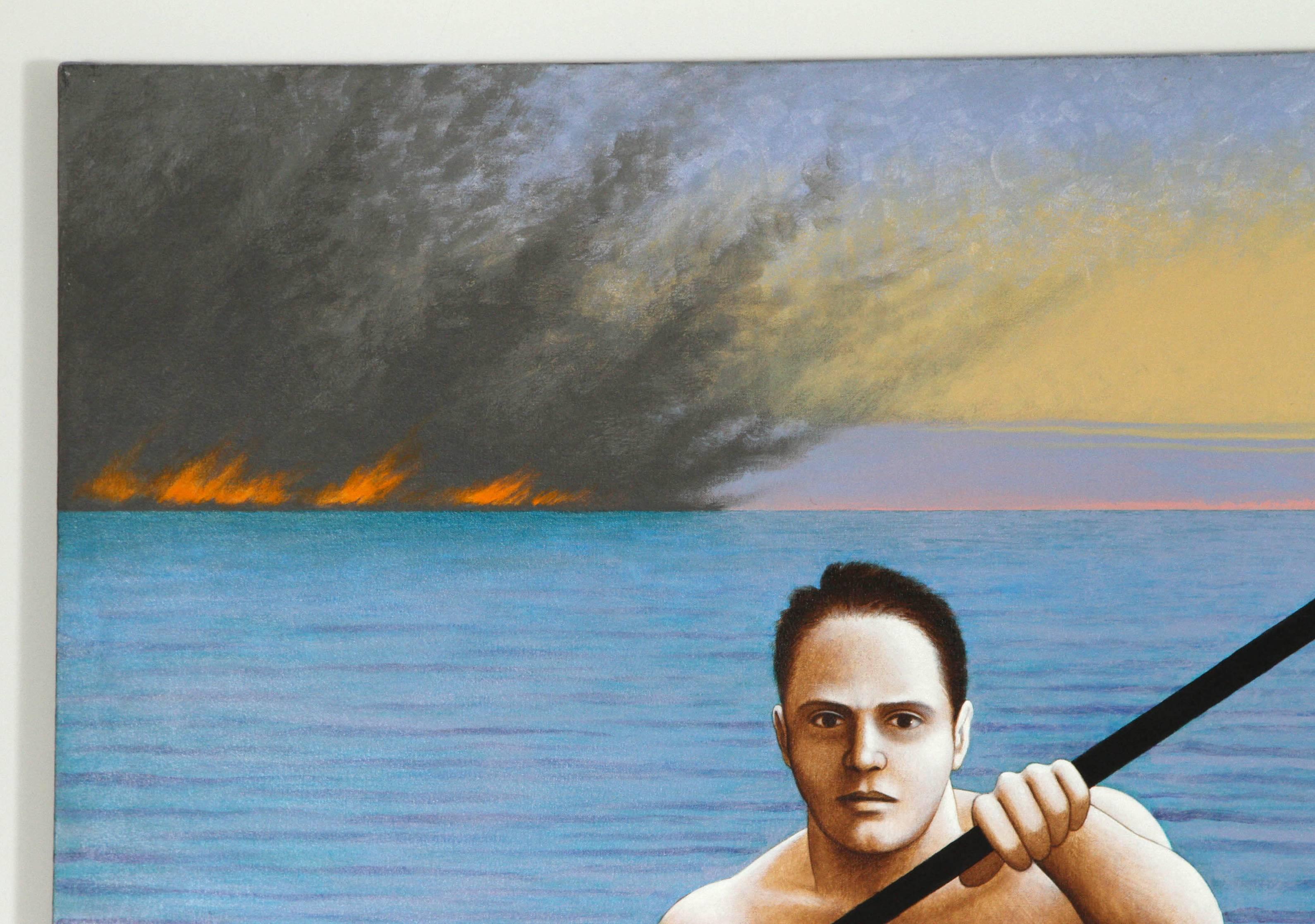 Kajakfahrer auf der Flucht vor einer Katastrophe, Gemälde von Lynn Curlee im Zustand „Hervorragend“ im Angebot in New York, NY