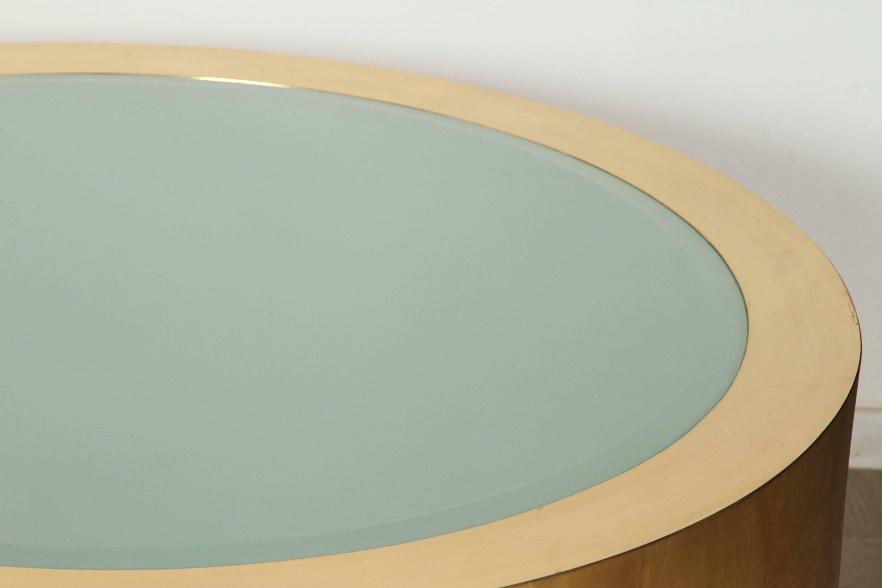 American Stunning coffee table of polished brass and etched glass by Steve Chase