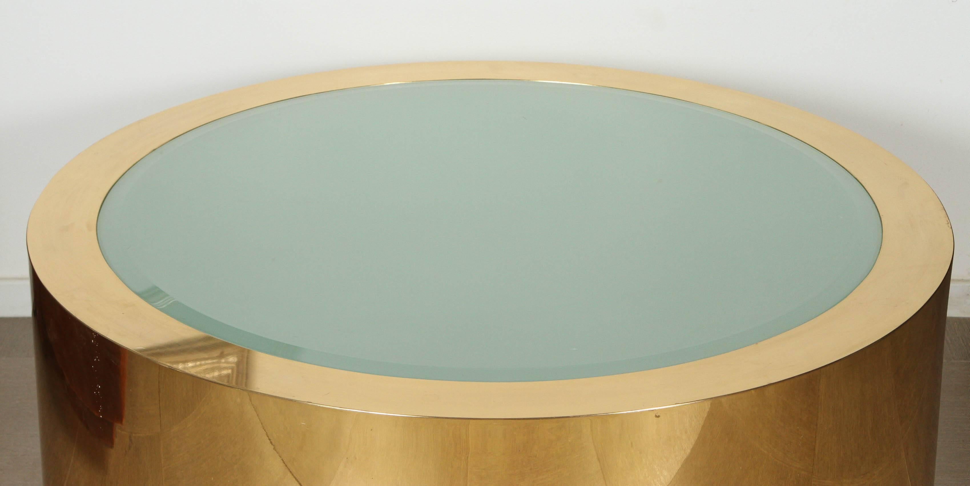 Etched Stunning coffee table of polished brass and etched glass by Steve Chase