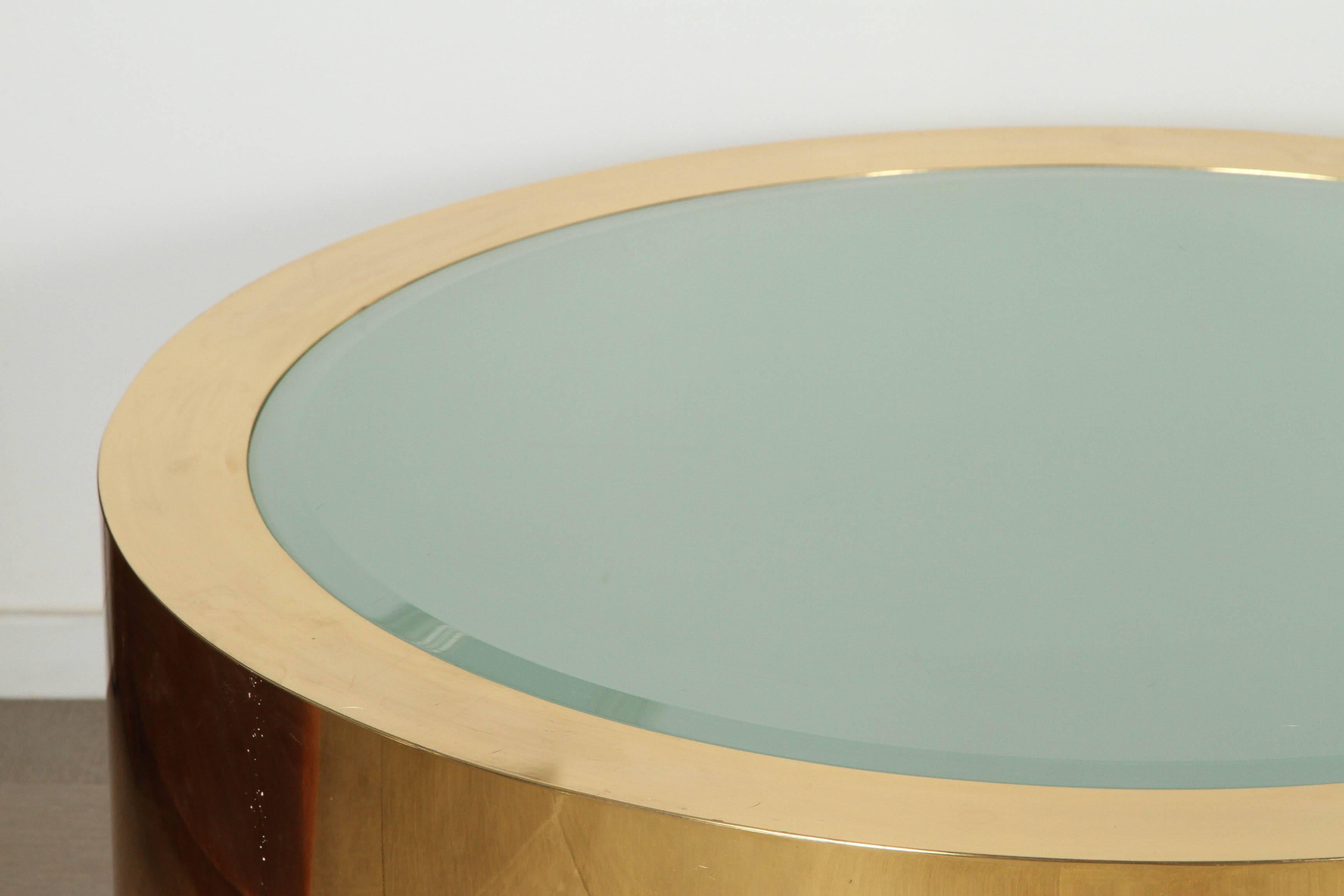 Brass Stunning coffee table of polished brass and etched glass by Steve Chase