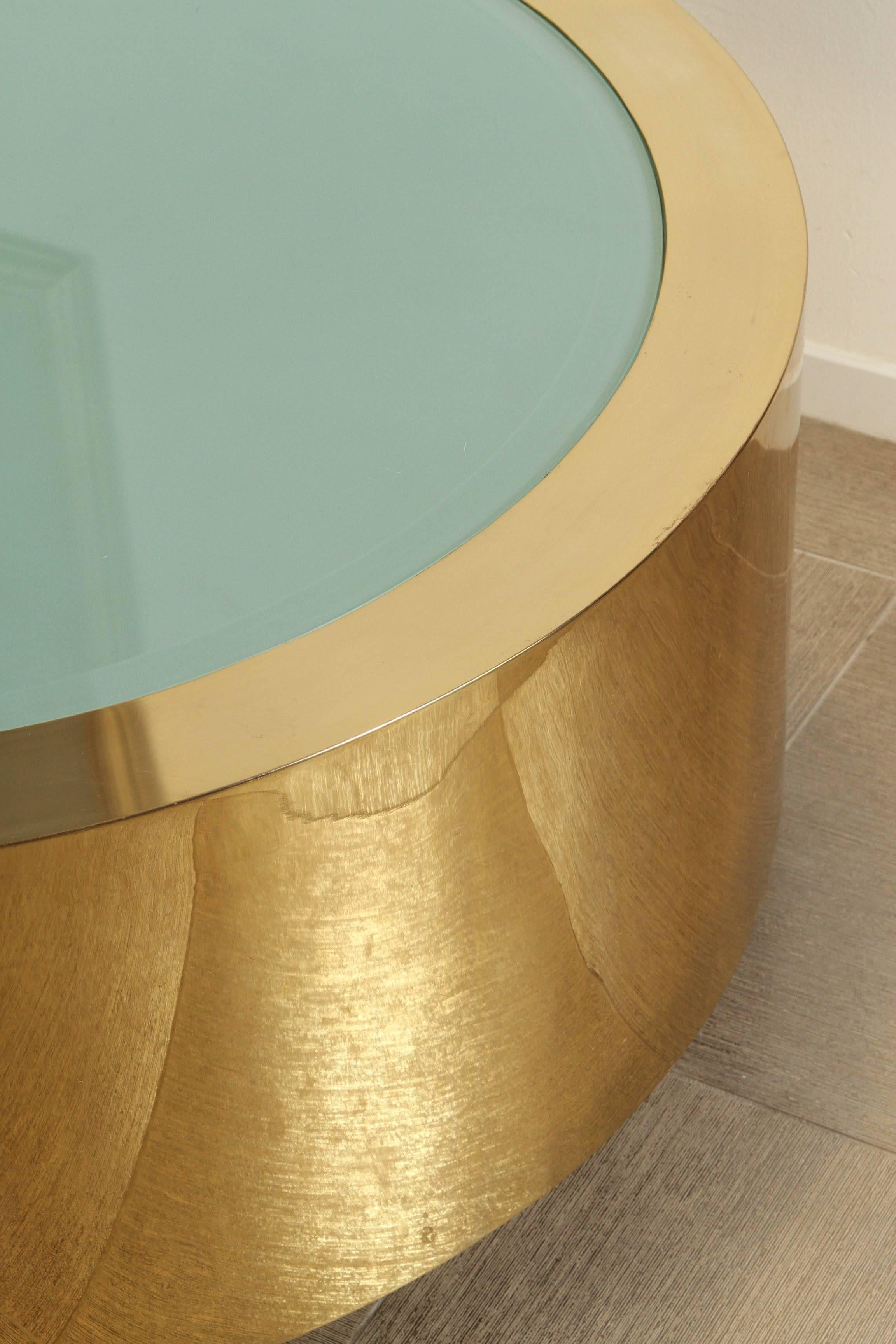 Stunning coffee table of polished brass and etched glass by Steve Chase 1