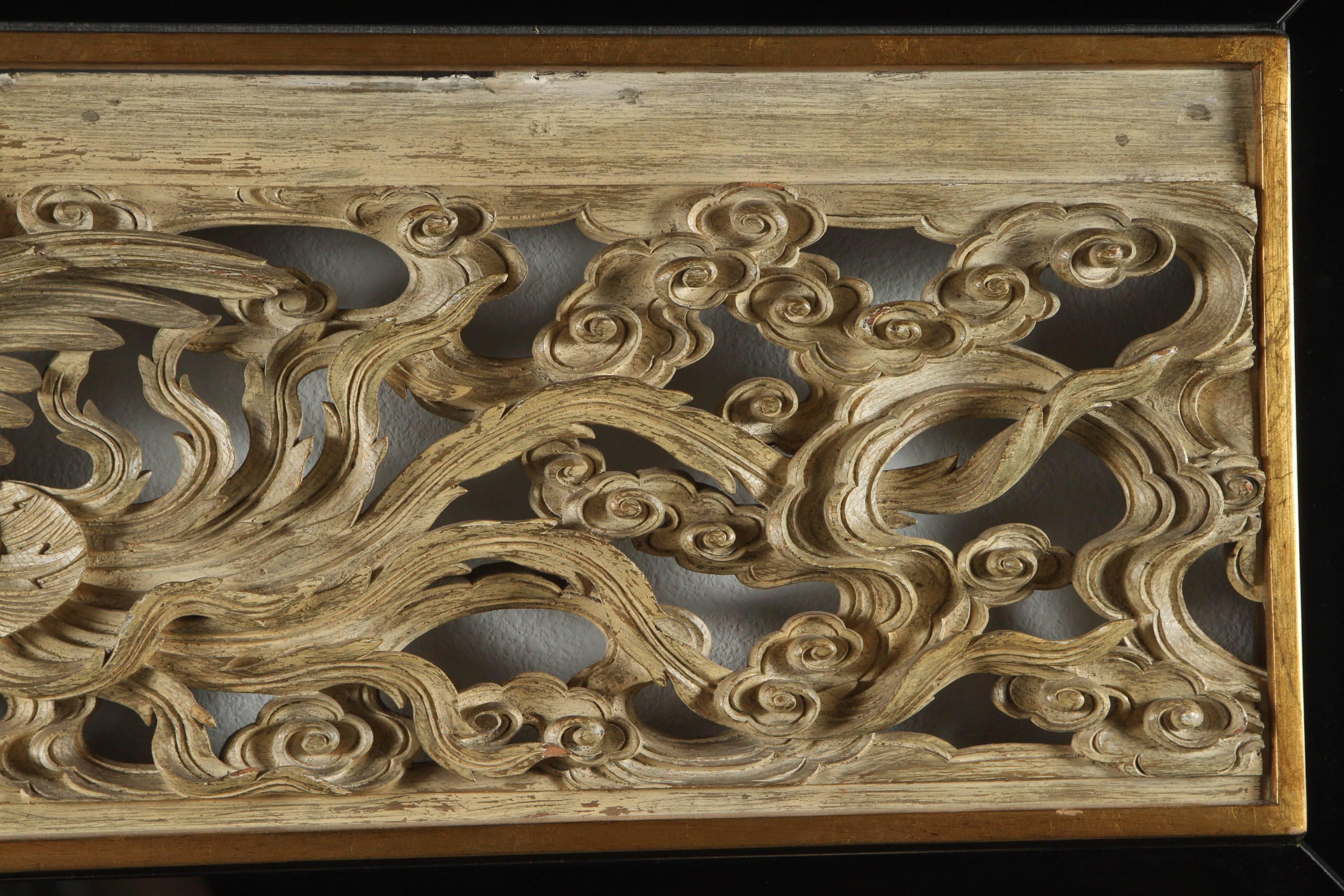 Blackened Beautiful Oriental Carving Framed in Black Mirror and Gilded Wood For Sale