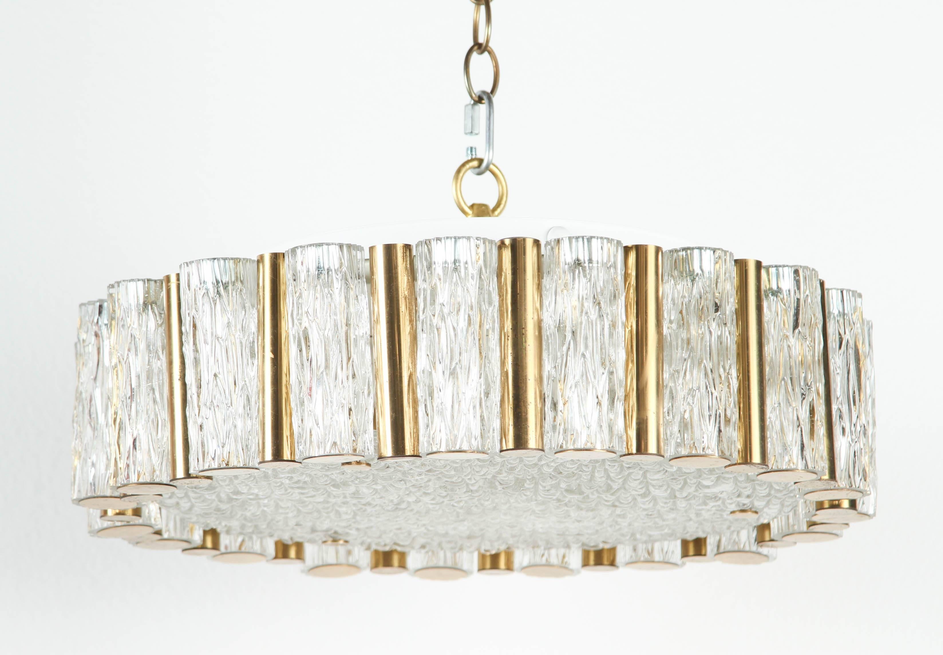Stylish glass and brass pendant light. In Good Condition In New York, NY