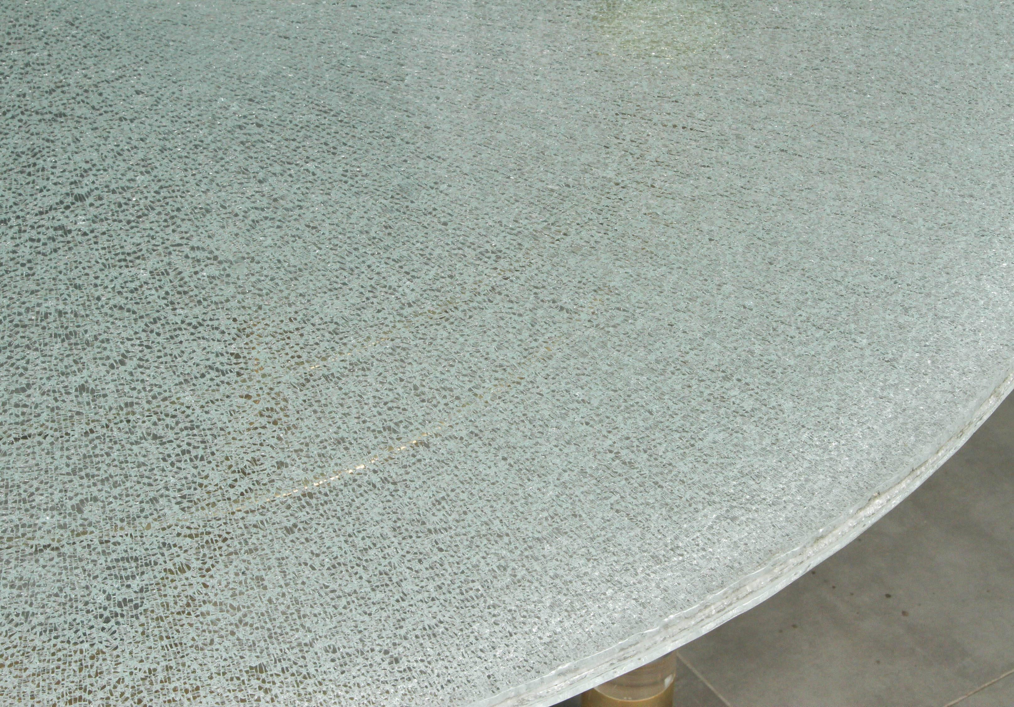 Crackled Glass Dining Table with a Base of Lucite and Brass In Good Condition For Sale In New York, NY
