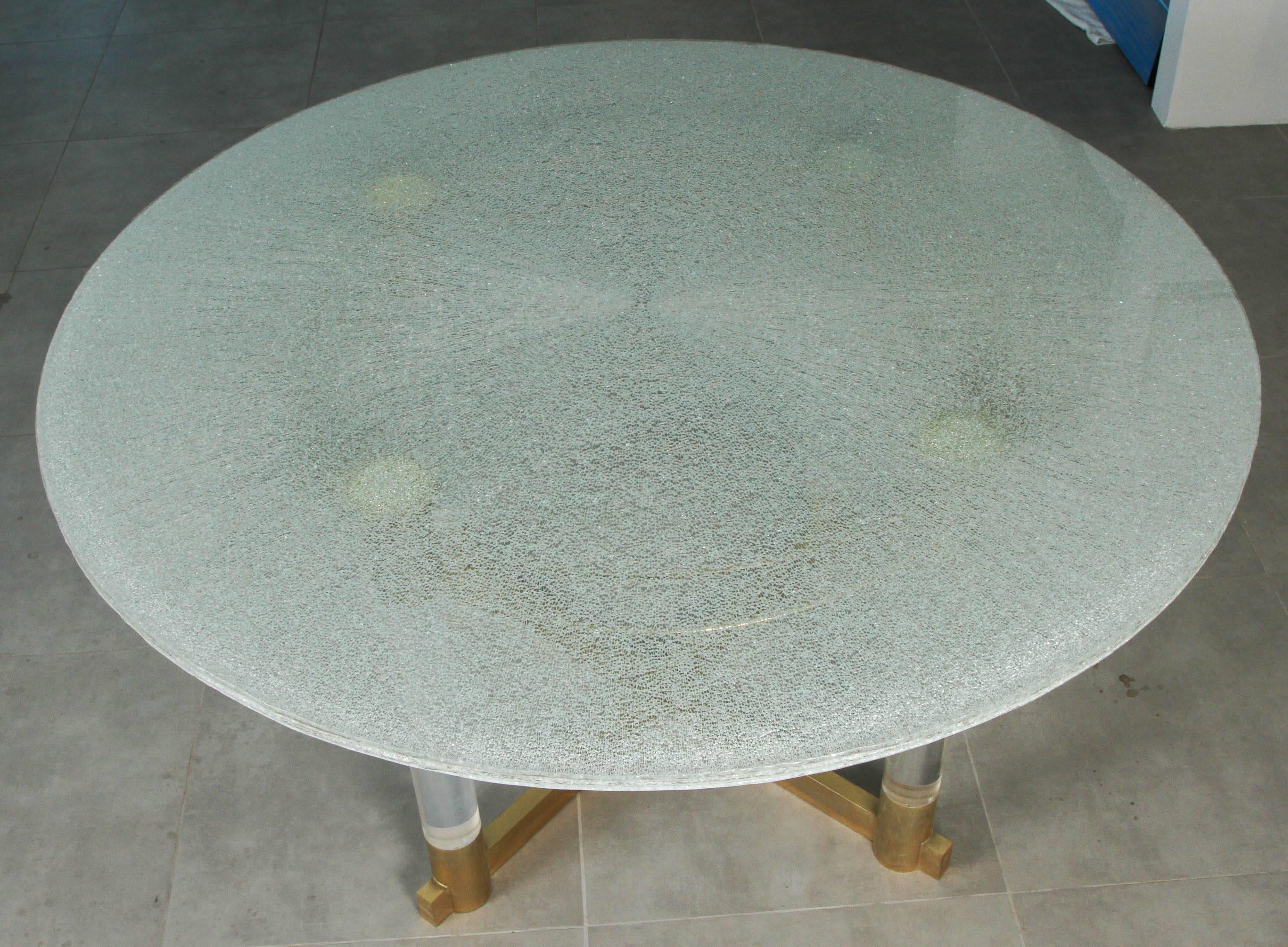 Crackled Glass Dining Table with a Base of Lucite and Brass For Sale 1