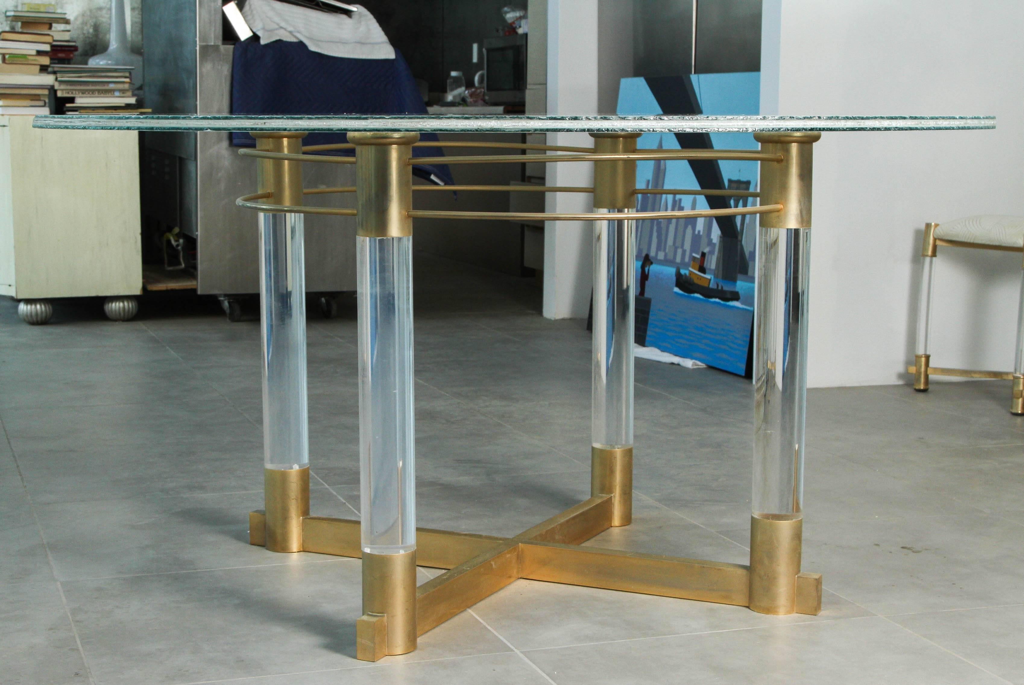 Crackled Glass Dining Table with a Base of Lucite and Brass For Sale 2