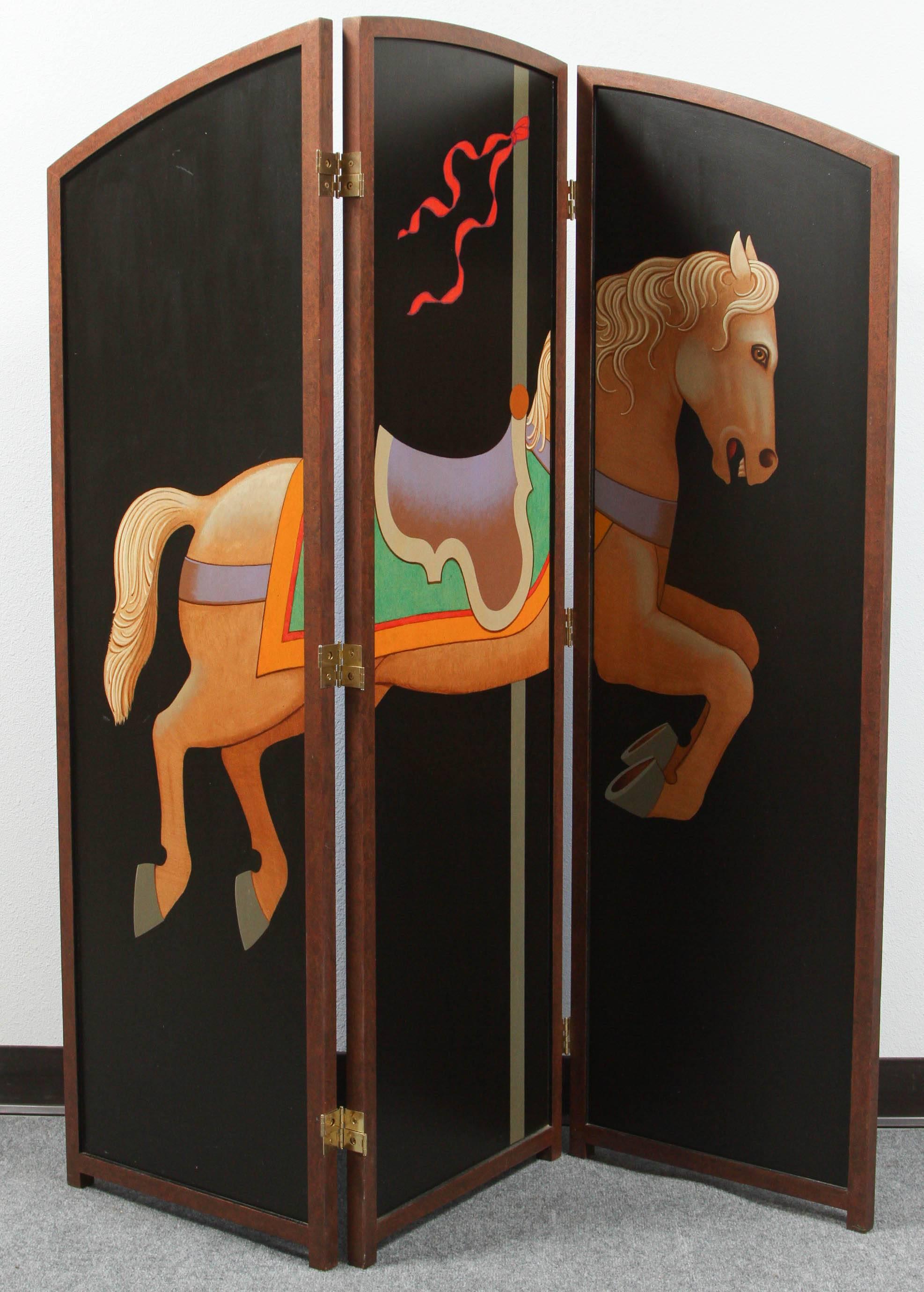 Beautiful Hand-Painted Folding Screen with Carousel Horse by Lynn Curlee In Excellent Condition For Sale In New York, NY