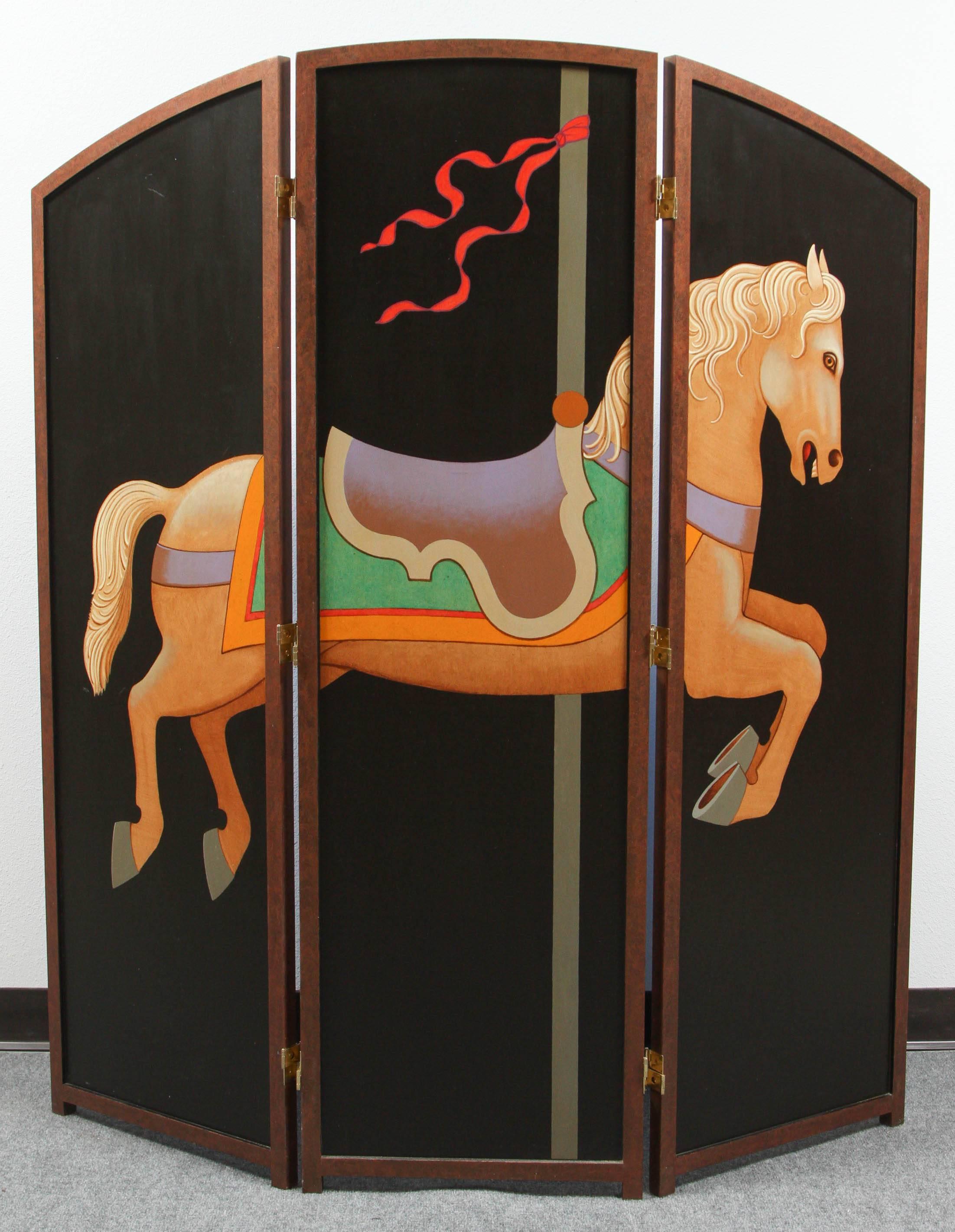 Late 20th Century Beautiful Hand-Painted Folding Screen with Carousel Horse by Lynn Curlee For Sale