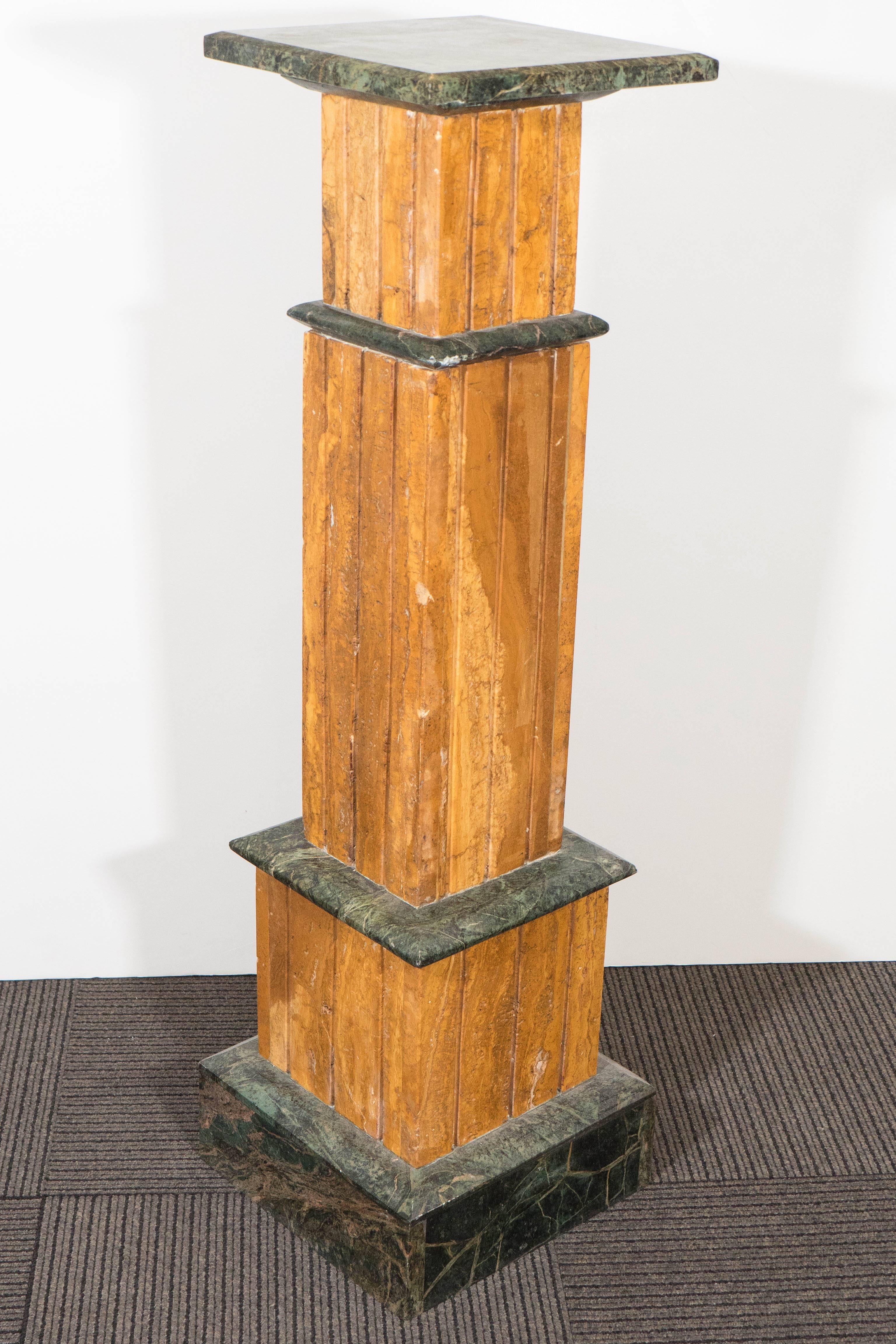 Mid-Century Pair of Travertine Pedestals with Verde Marble 3