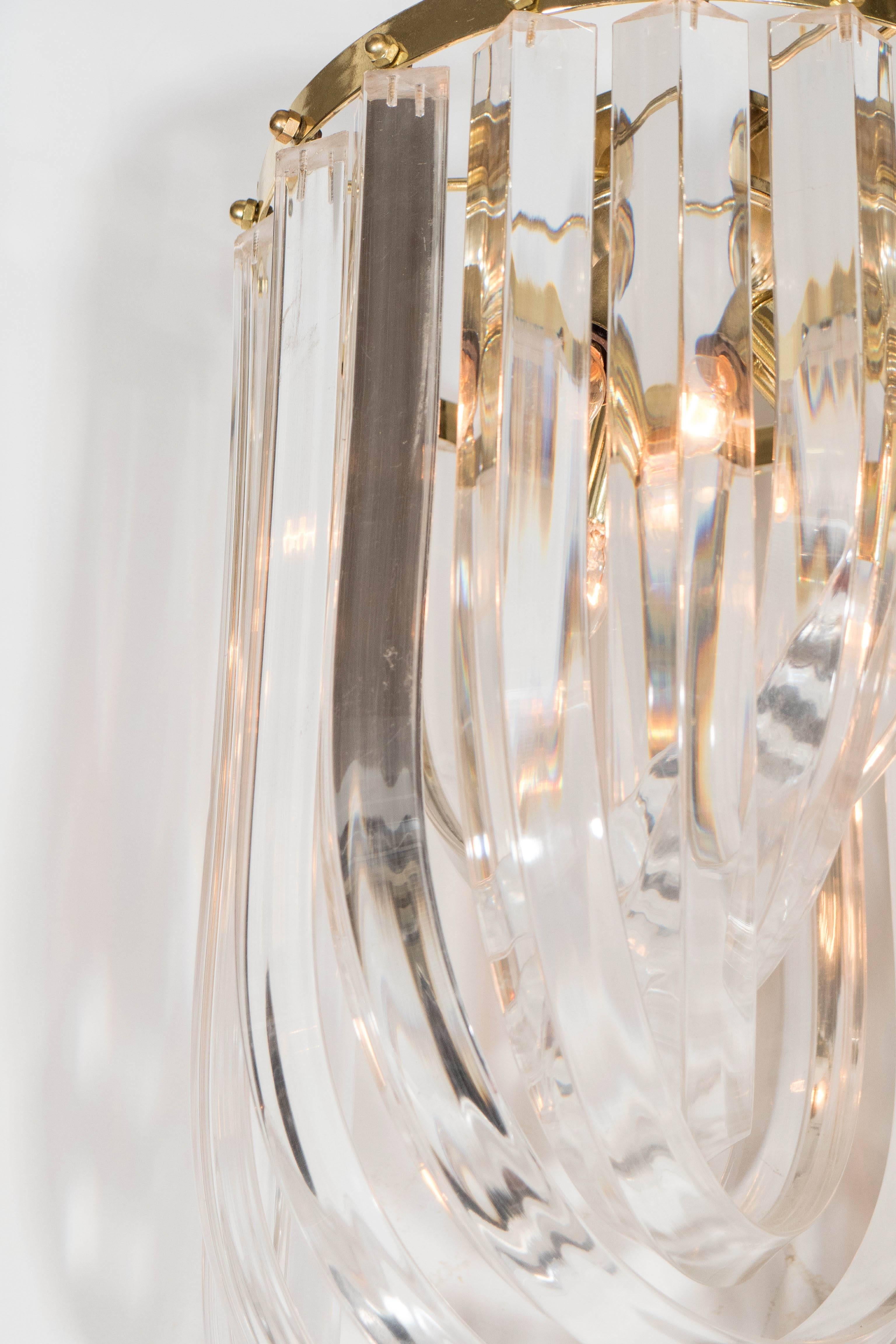 Modern Mid-Century Looped Lucite and Brass Small Chandelier