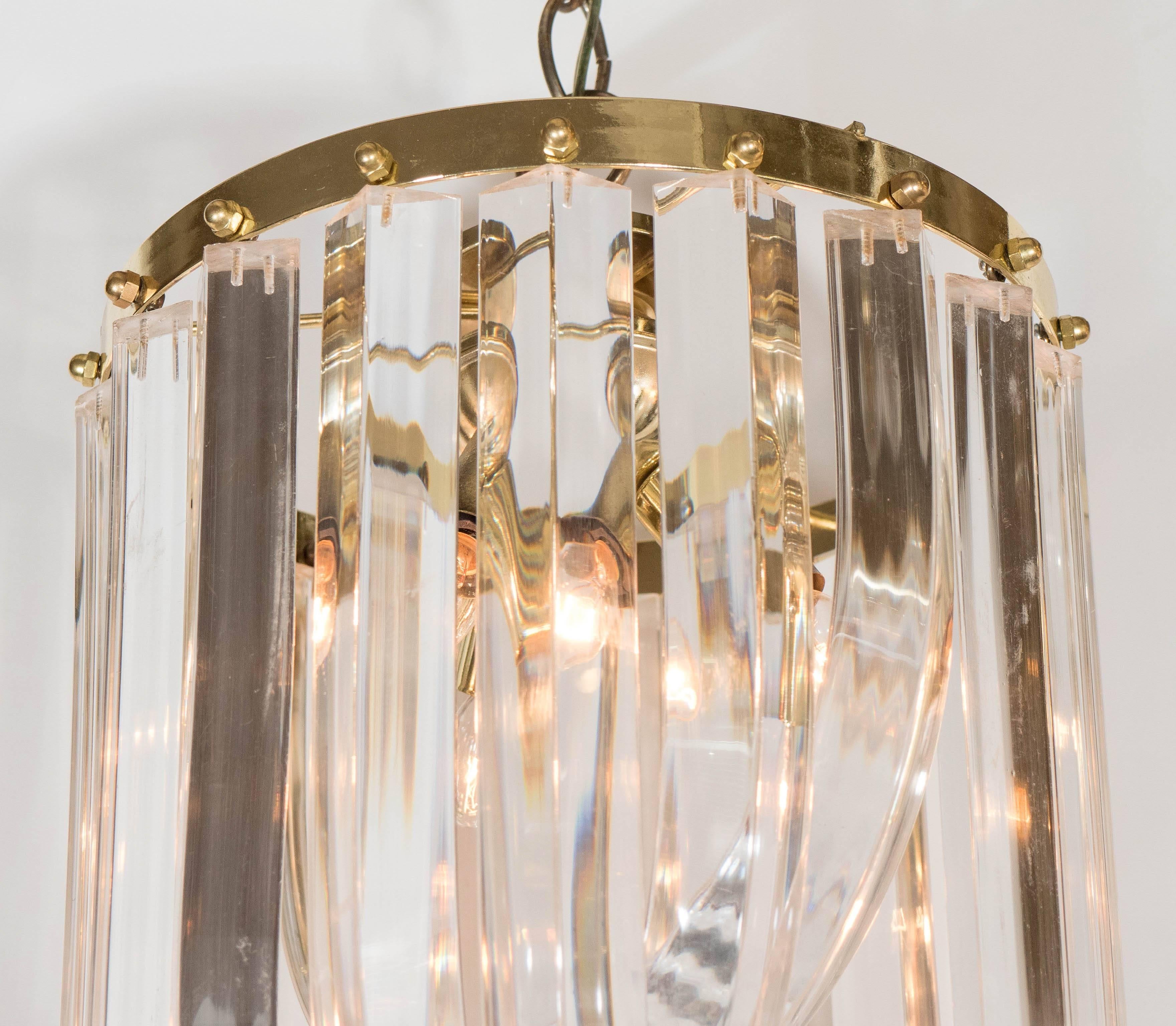 Mid-Century Looped Lucite and Brass Small Chandelier In Good Condition In New York, NY
