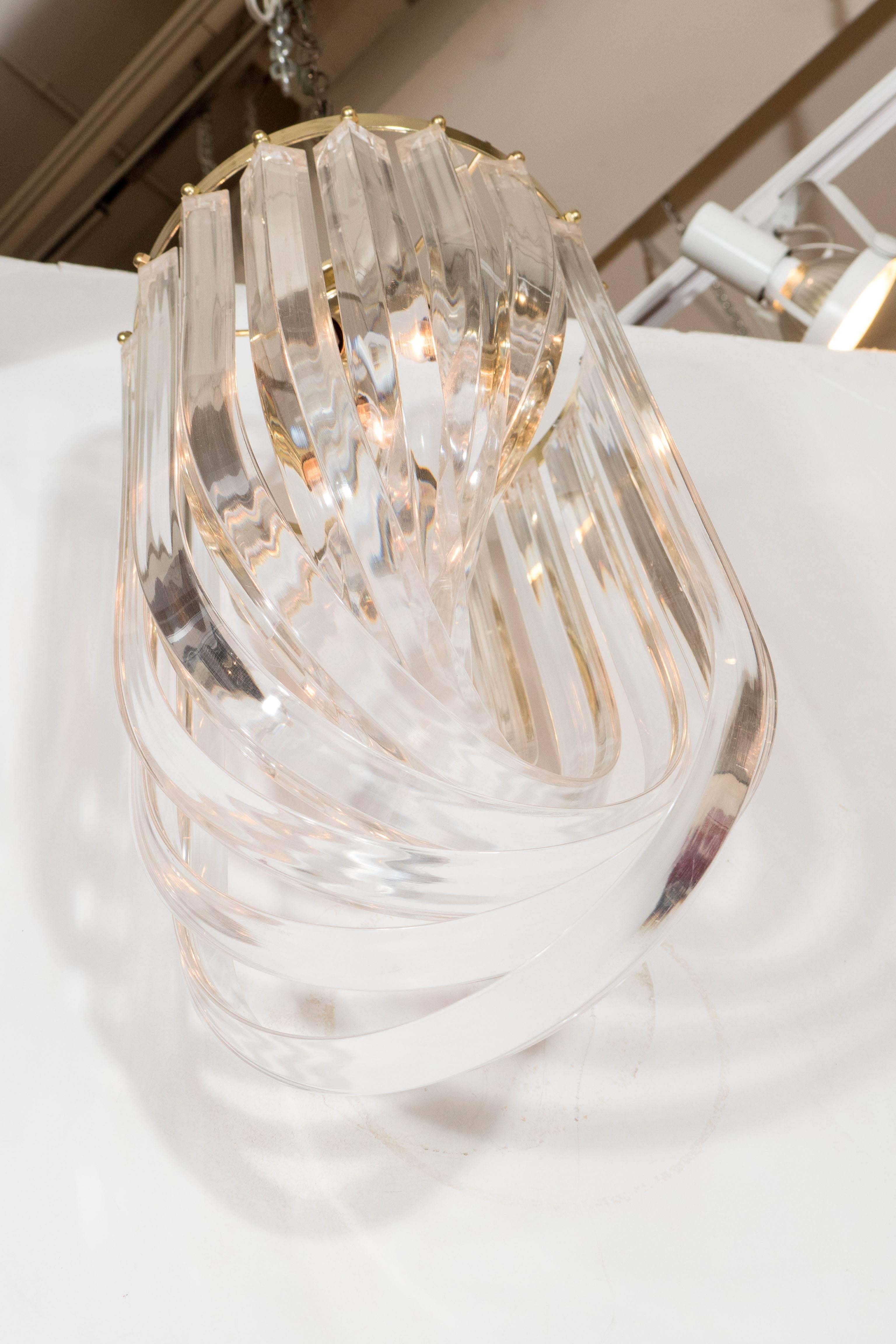 20th Century Mid-Century Looped Lucite and Brass Small Chandelier