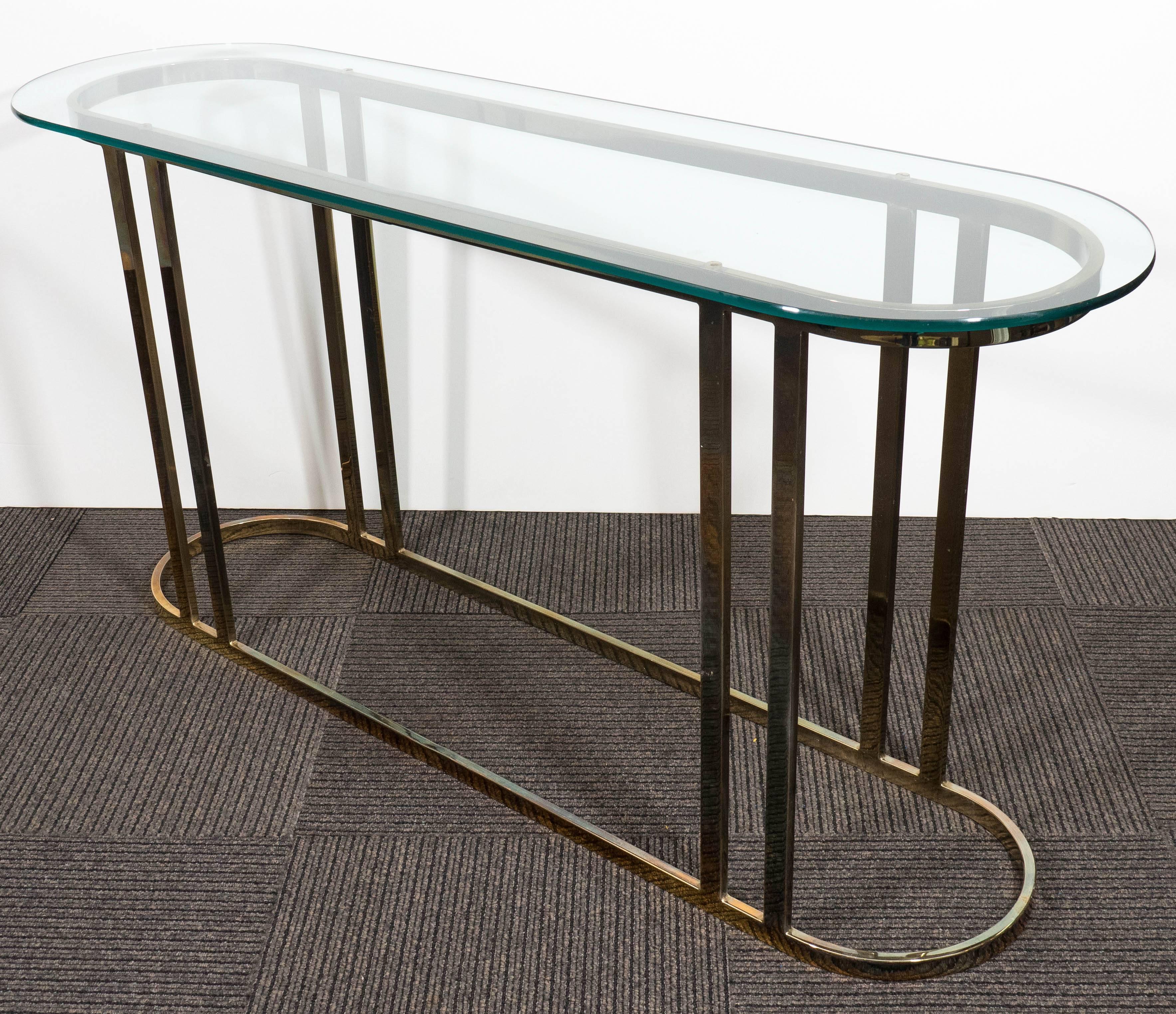 Modern Midcentury Glass Top Console on Curved Brass Base
